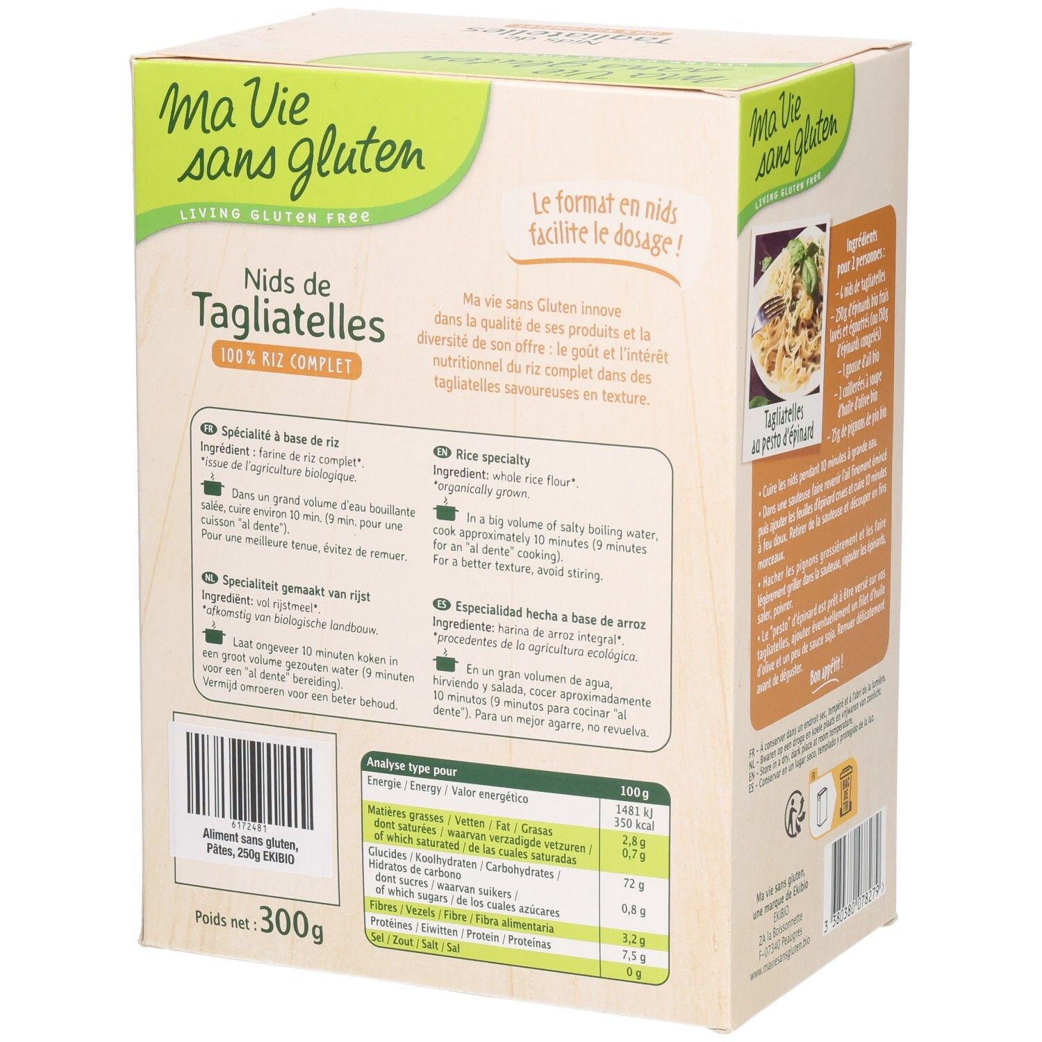 Rückseite der Verpackung mit Nährwertangaben und Informationen zu glutenfreien Tagliatelle. Inhaltsstoffe, Analyse, 300g.