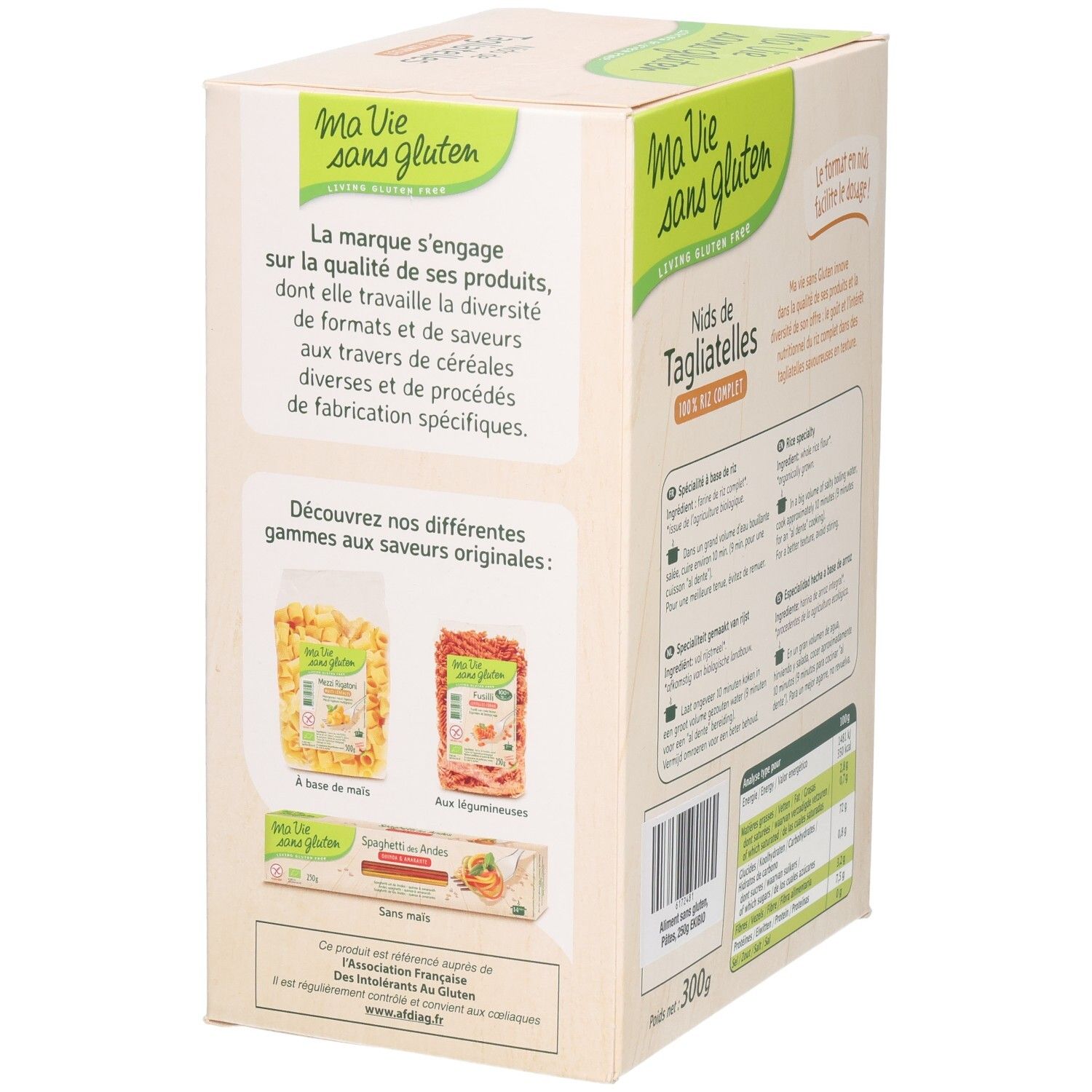 Rückseite der Verpackung mit Produktinformationen und Abbildungen anderer Produkte. Glutenfrei-Siegel, 300g.