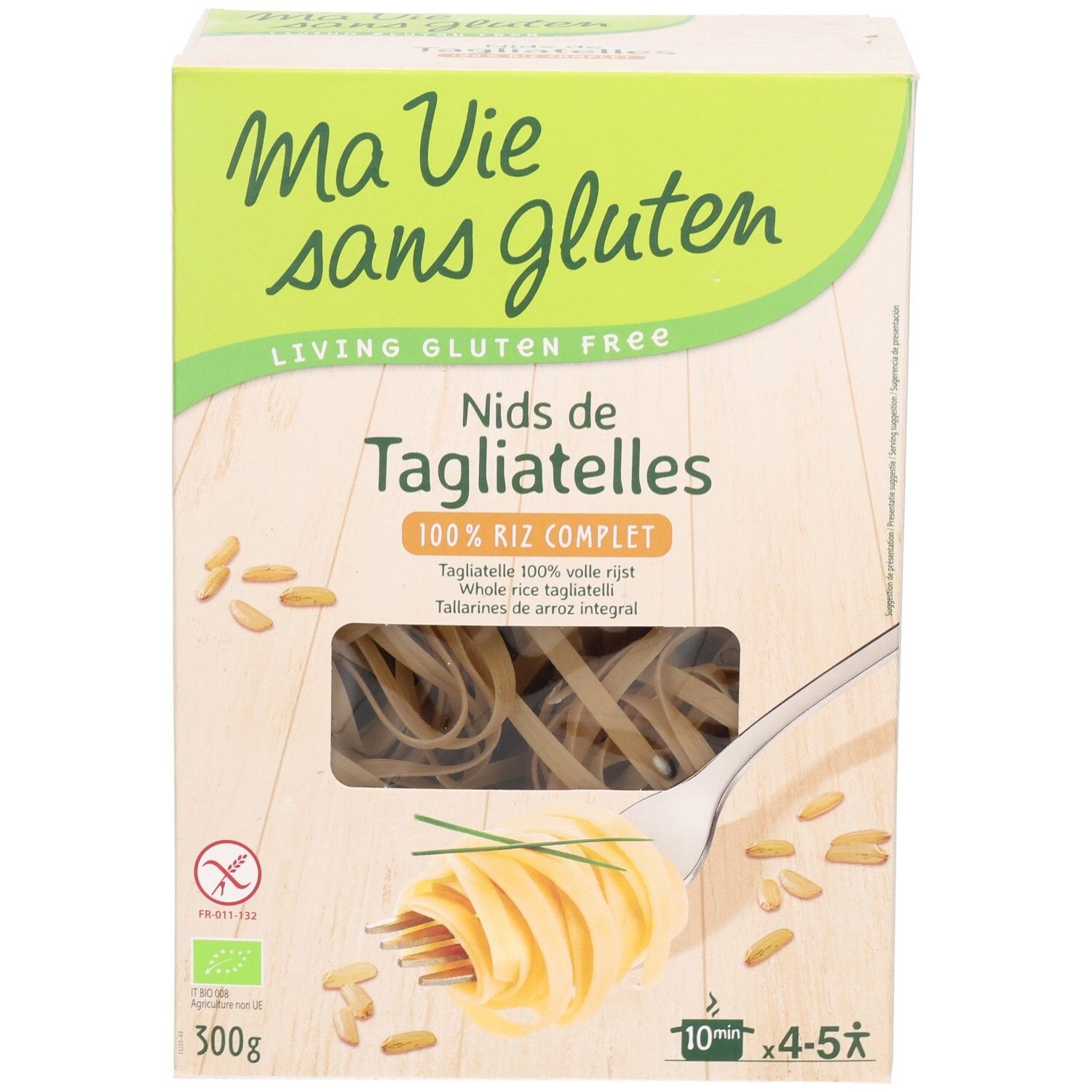 Verpackung mit glutenfreien Tagliatelle aus Vollkornreis. Produktname, Nährwertangaben, Bio-Siegel, 300g. Ansicht von vorne.