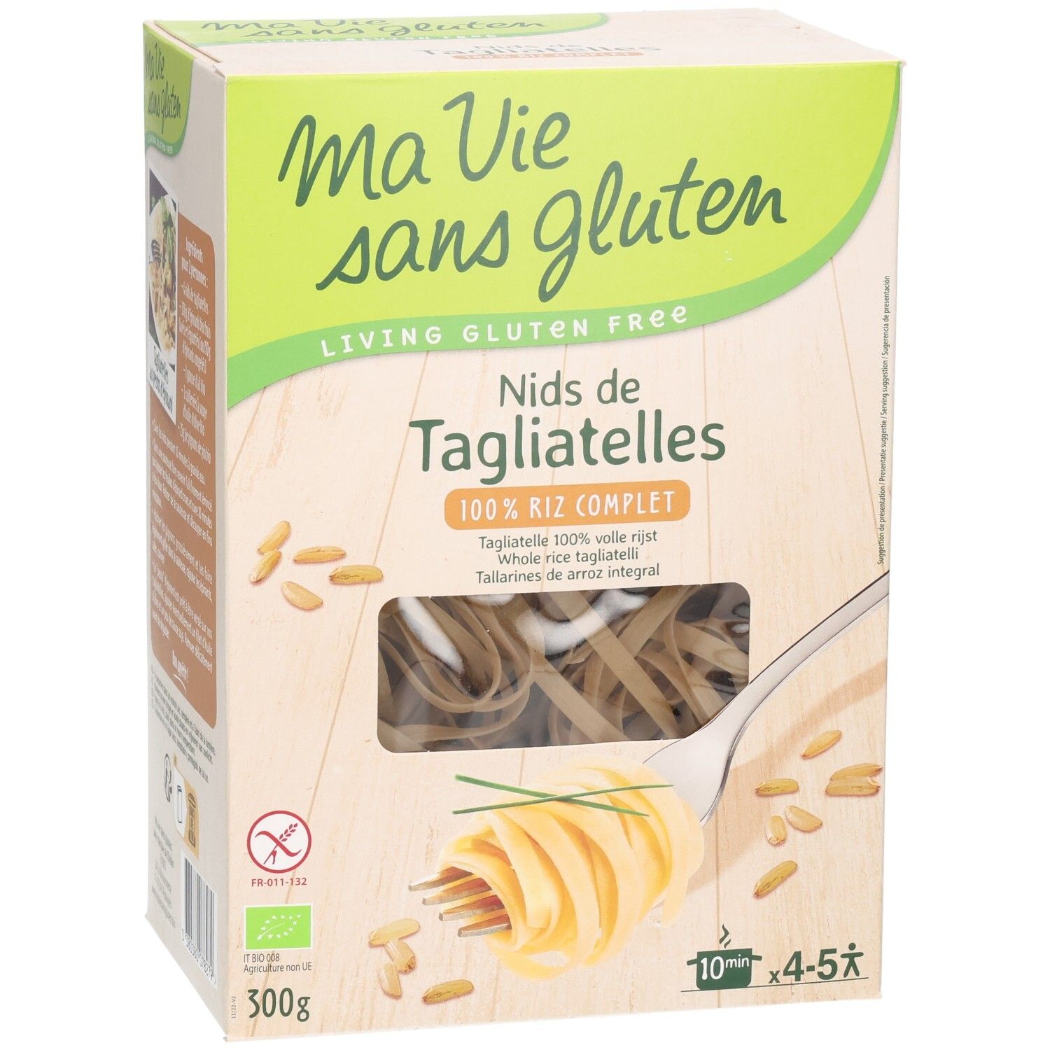 Verpackung mit glutenfreien Tagliatelle aus Vollkornreis. Produktname, Nährwertangaben, Bio-Siegel, 300g. Ansicht von vorne.