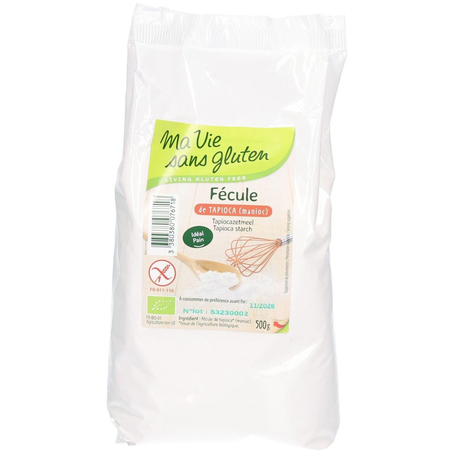 Sachet de fécule de tapioca. Inscription: Ma Vie sans gluten, Fecule de Tapioca, label bio, 500g. Symbole sans gluten.