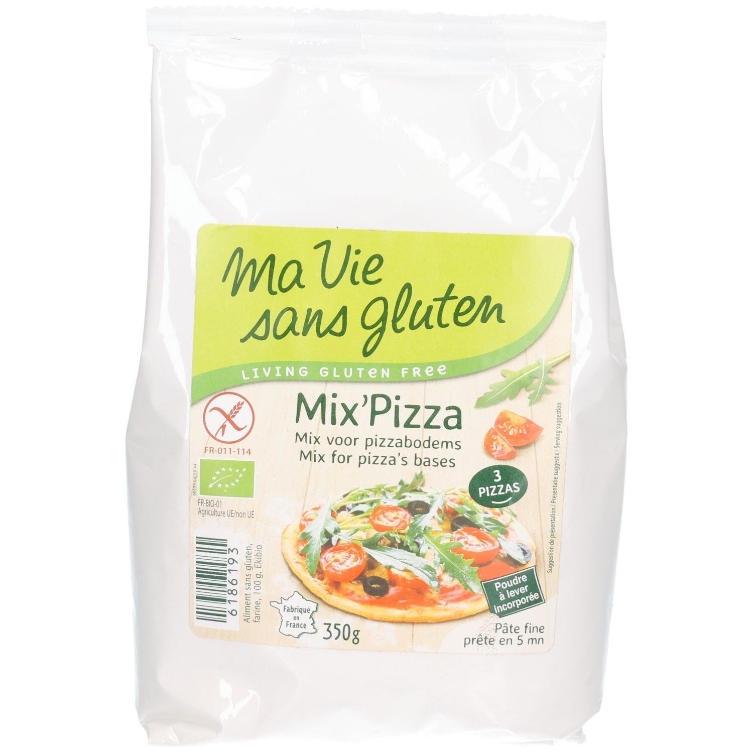 Beutel mit Aufschrift "Ma Vie sans gluten". Etikett mit Produktname "Mix'Pizza" und Abbildung einer Pizza. 350g.