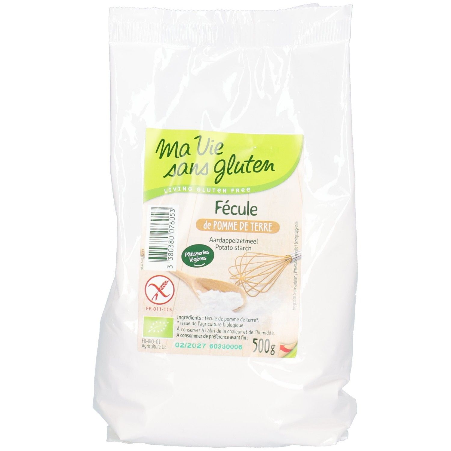Transparente Tüte mit Aufdruck. Aufschrift: Ma Vie sans gluten, Fécule de Pomme de Terre, Kartoffelstärke. Enthält 500g.
