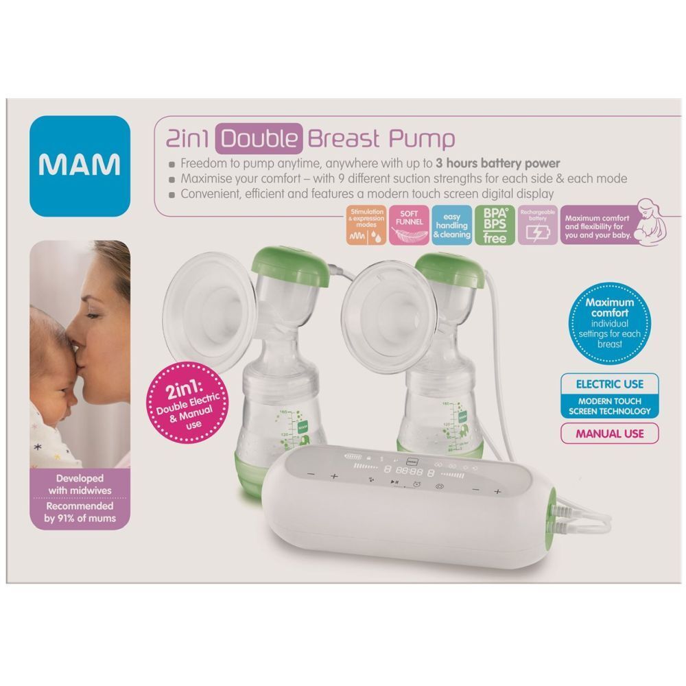 Tire-lait double électrique MAM 2en1. Deux biberons, détails verts, appareil blanc. Emballage avec image du produit et texte.