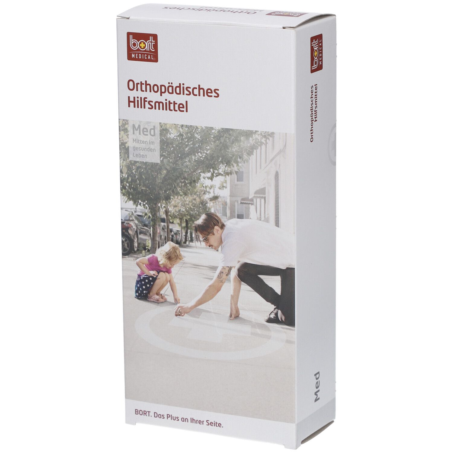 Emballage BORT. Dispositif orthopédique. Logo et texte. Image d'une personne peignant avec un enfant dans la rue.