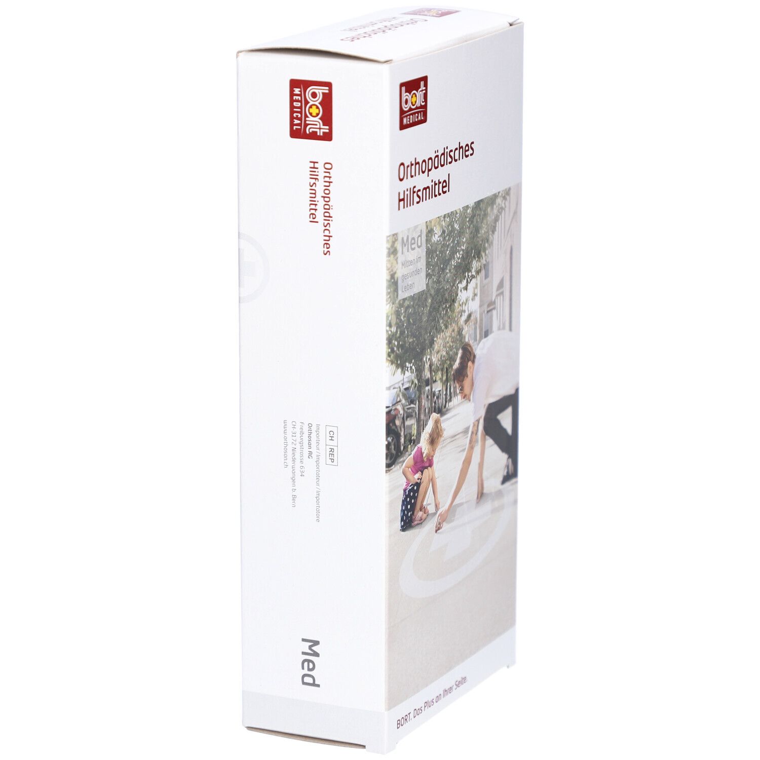 Emballage BORT. Dispositif orthopédique. Logo et texte. Vue latérale de l'emballage. Image d'une personne peignant avec un enfant.