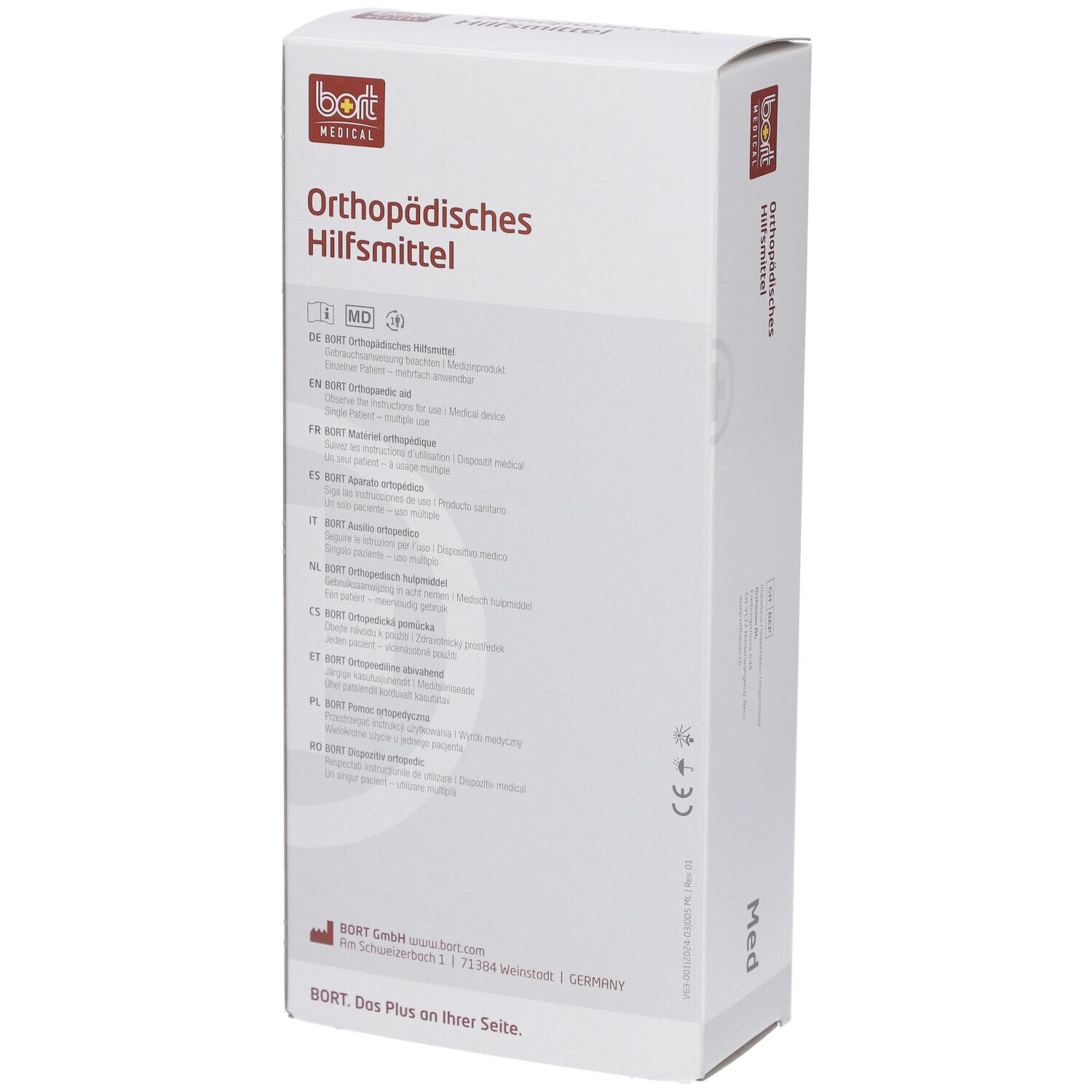 Emballage BORT. Dispositif orthopédique. Logo et texte. Dos avec informations sur le produit et marquage CE.