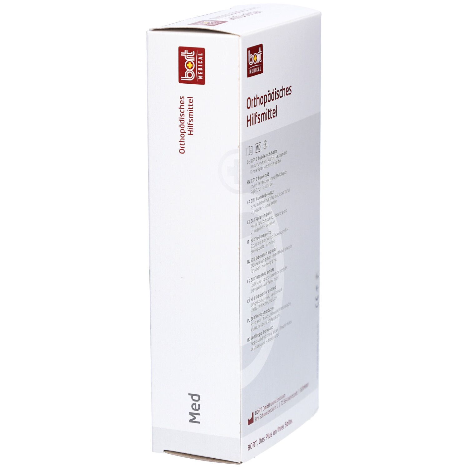 Emballage BORT. Dispositif orthopédique. Logo et texte. Vue latérale de l'emballage. Surface blanche vide.