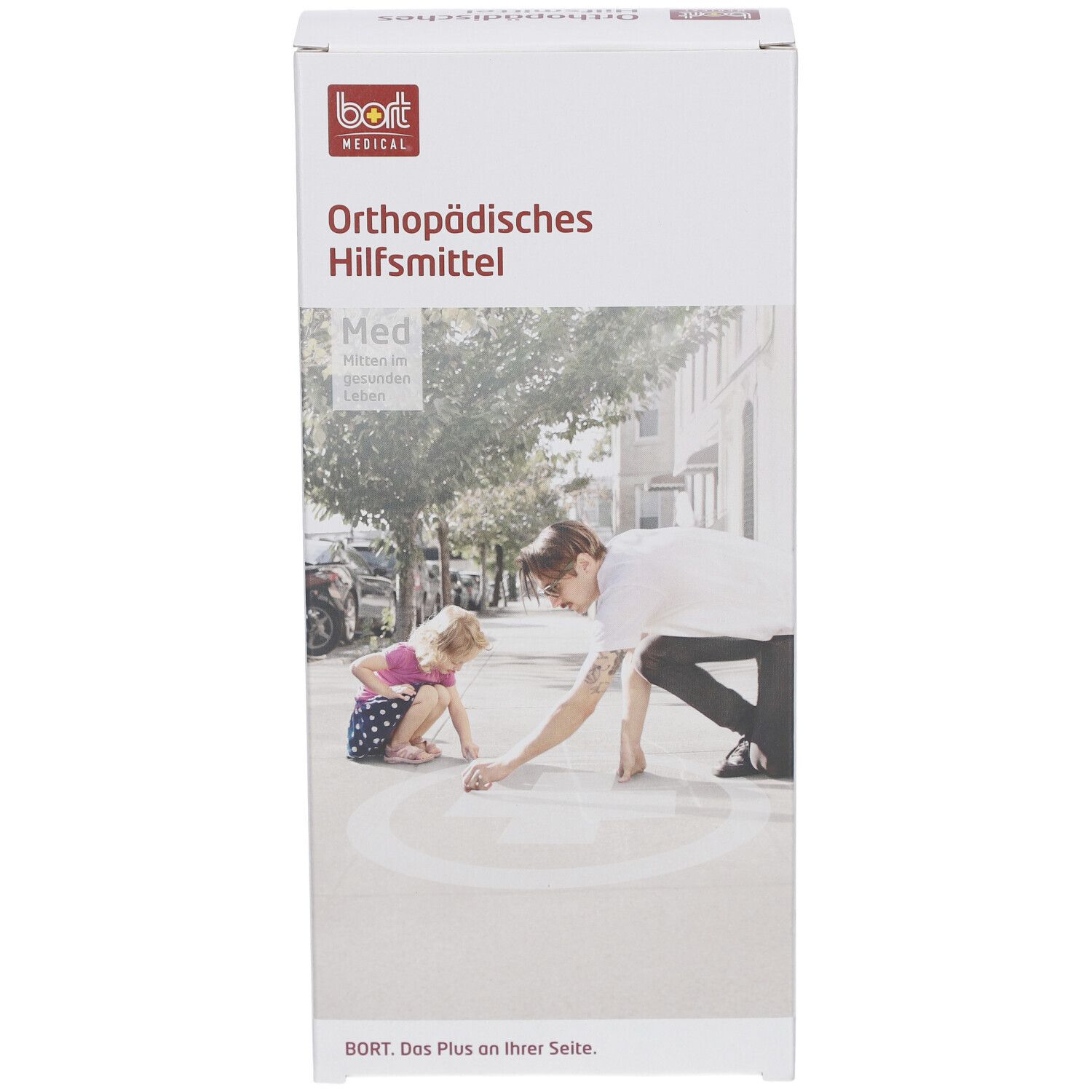 Emballage BORT. Dispositif orthopédique. Logo et texte. Image d'une personne peignant avec un enfant dans la rue.