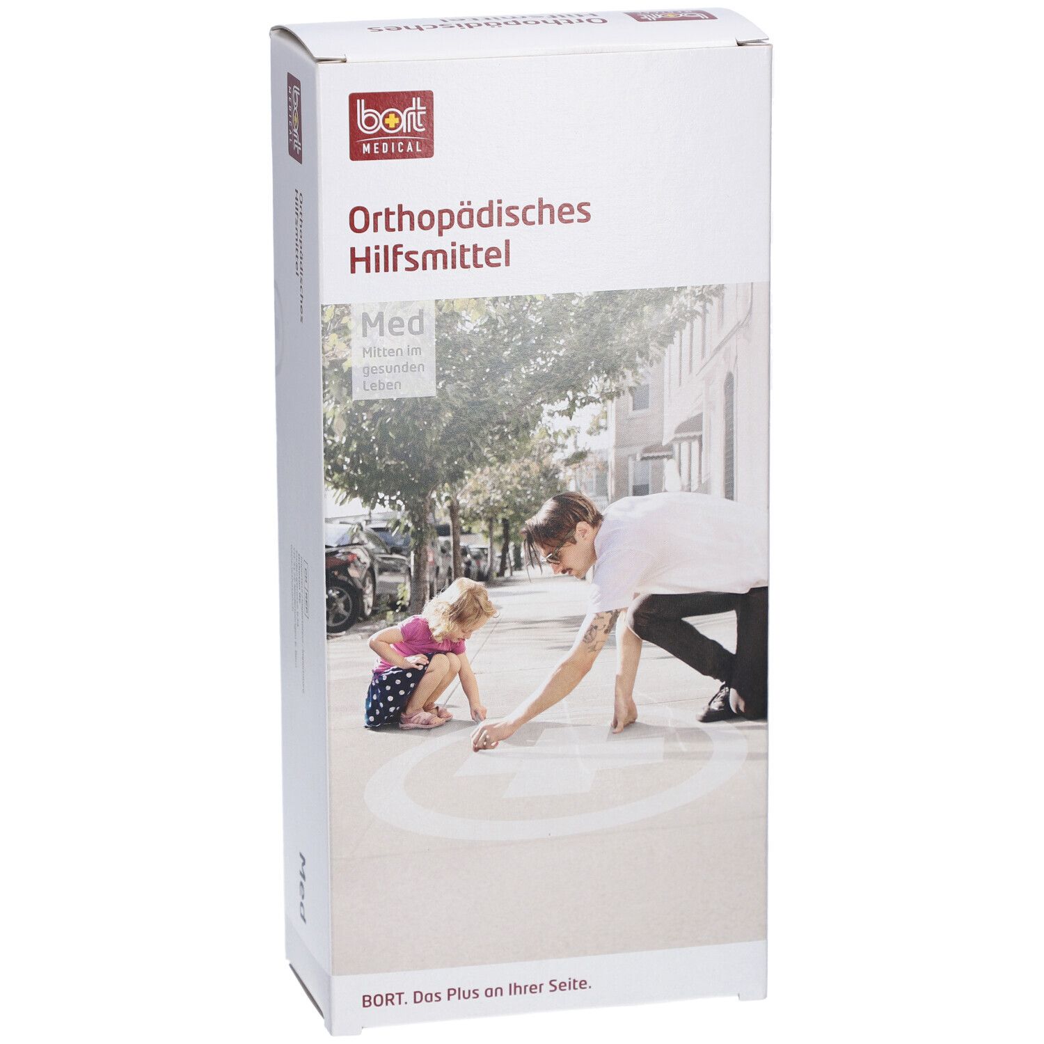 Emballage BORT. Dispositif orthopédique. Logo et texte. Image d'une personne peignant avec un enfant dans la rue.