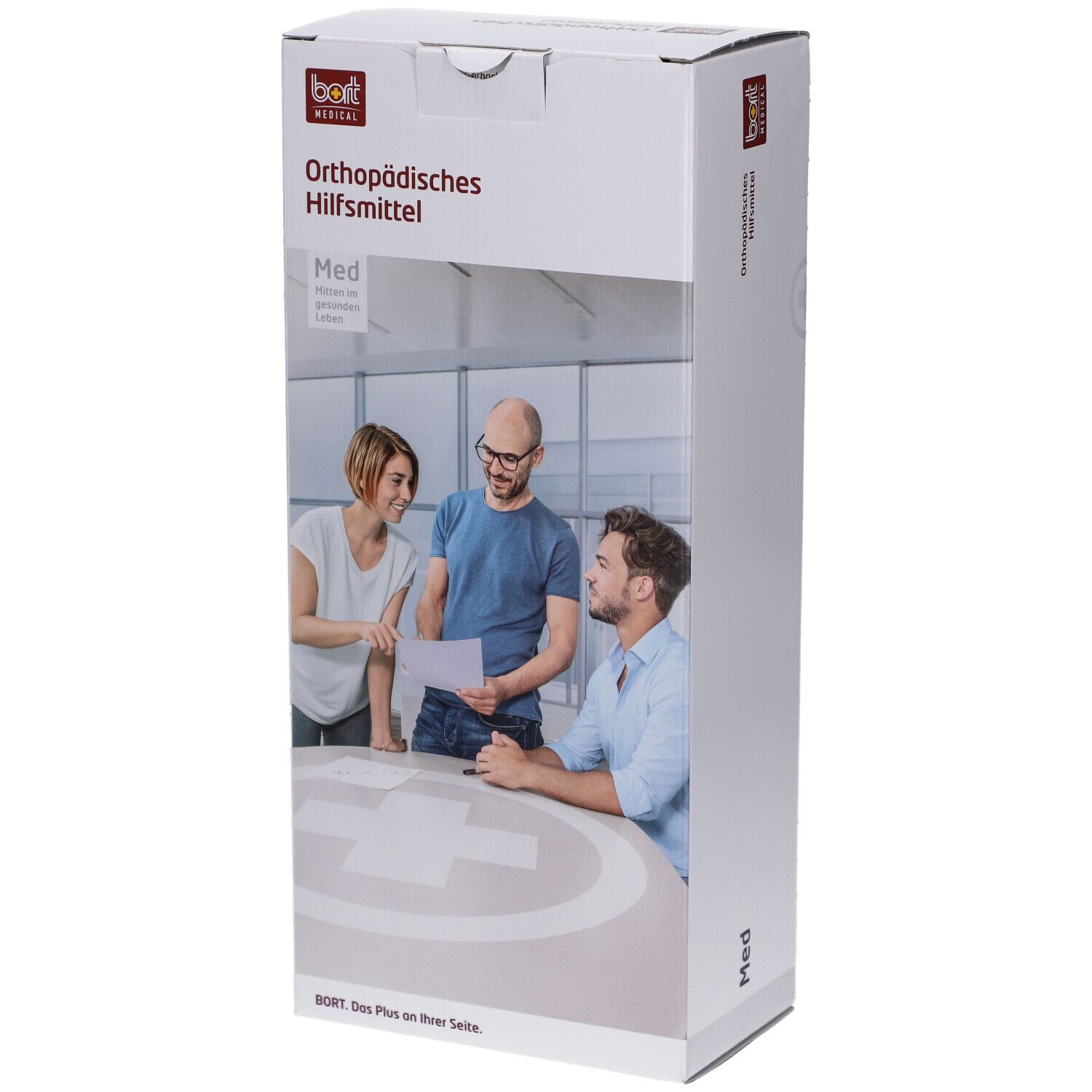 Verpackung mit BORT-Logo und Aufschrift 'Orthopädisches Hilfsmittel'. Abbildung von drei Personen. 'Med' auf der Verpackung.