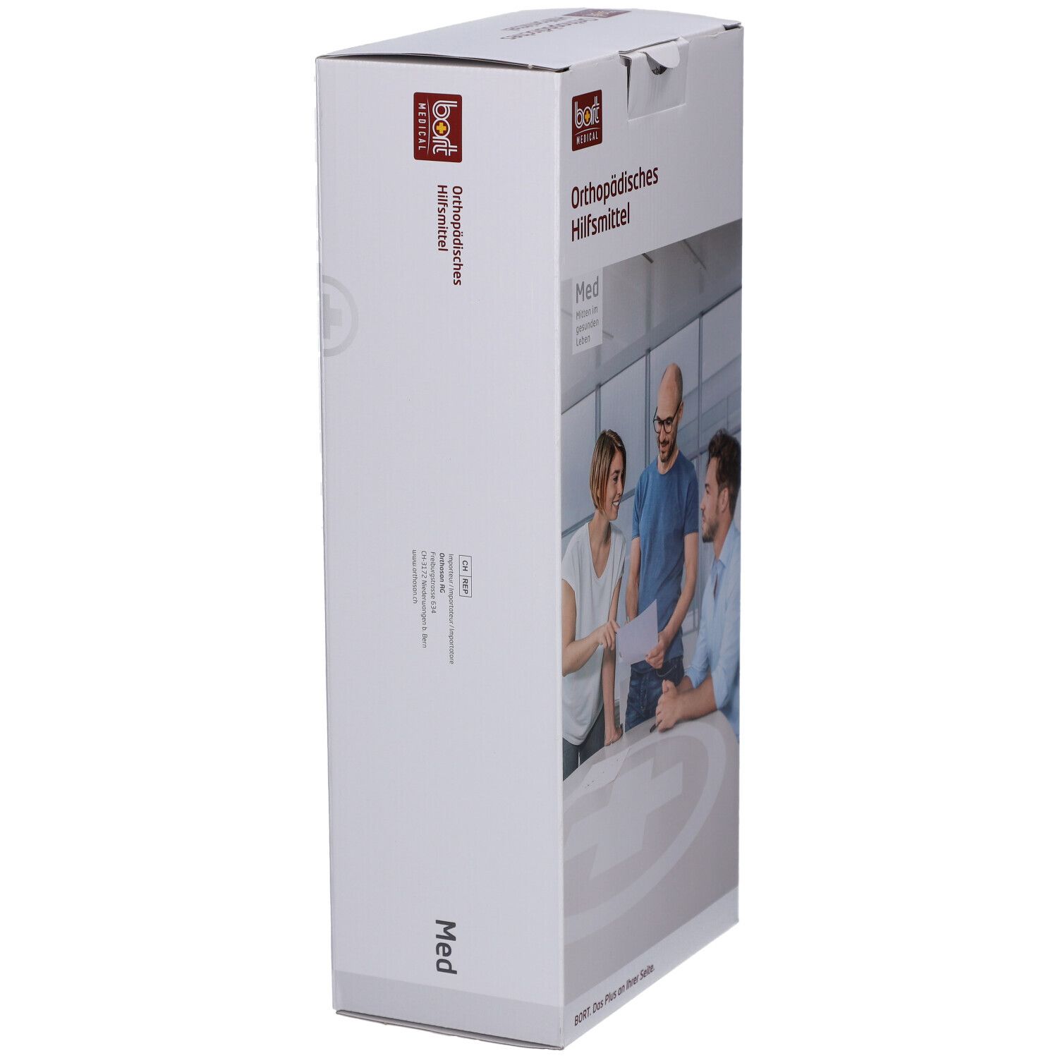 Weiße Verpackung mit BORT-Logo und Text 'Orthopädisches Hilfsmittel'. Auf der Seite: 'Med'. Bild von drei Personen auf der Verpackung.
