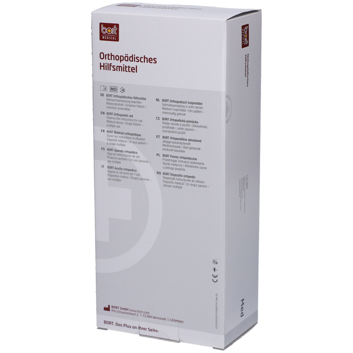 Verpackung mit Texten in verschiedenen Sprachen. BORT-Logo und 'Orthopädisches Hilfsmittel'. CE-Kennzeichnung.