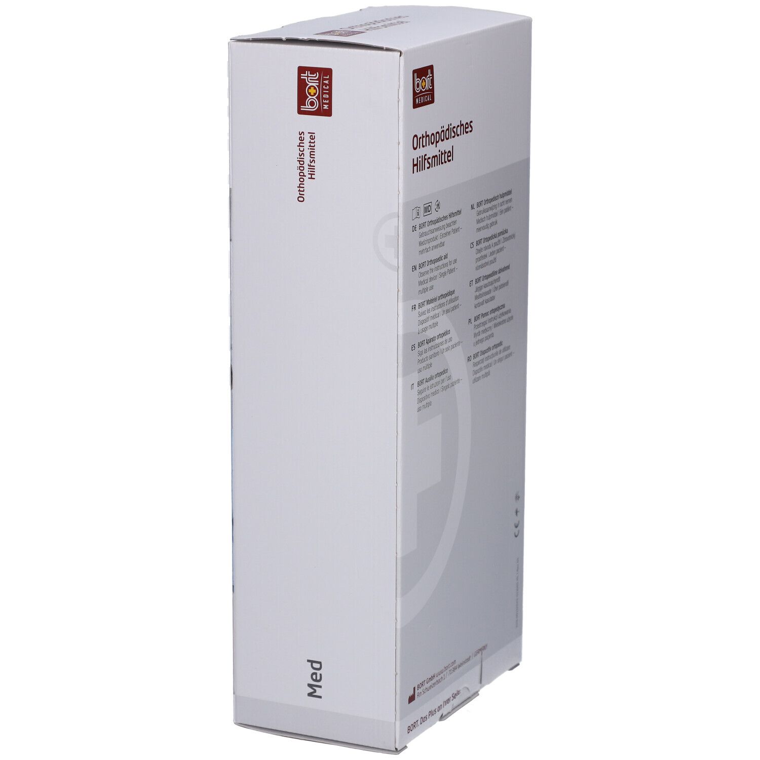 Weiße Verpackung mit BORT-Logo und Text 'Orthopädisches Hilfsmittel'. Auf der Seite: 'Med'.