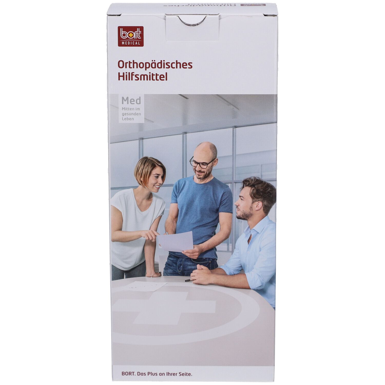 Verpackung mit BORT-Logo und Aufschrift 'Orthopädisches Hilfsmittel'. Abbildung von drei Personen. 'Med' auf der Verpackung.