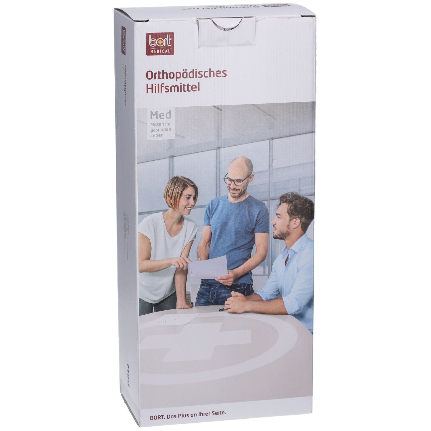 Verpackung mit BORT-Logo und Aufschrift 'Orthopädisches Hilfsmittel'. Abbildung von drei Personen. 'Med' auf der Verpackung.