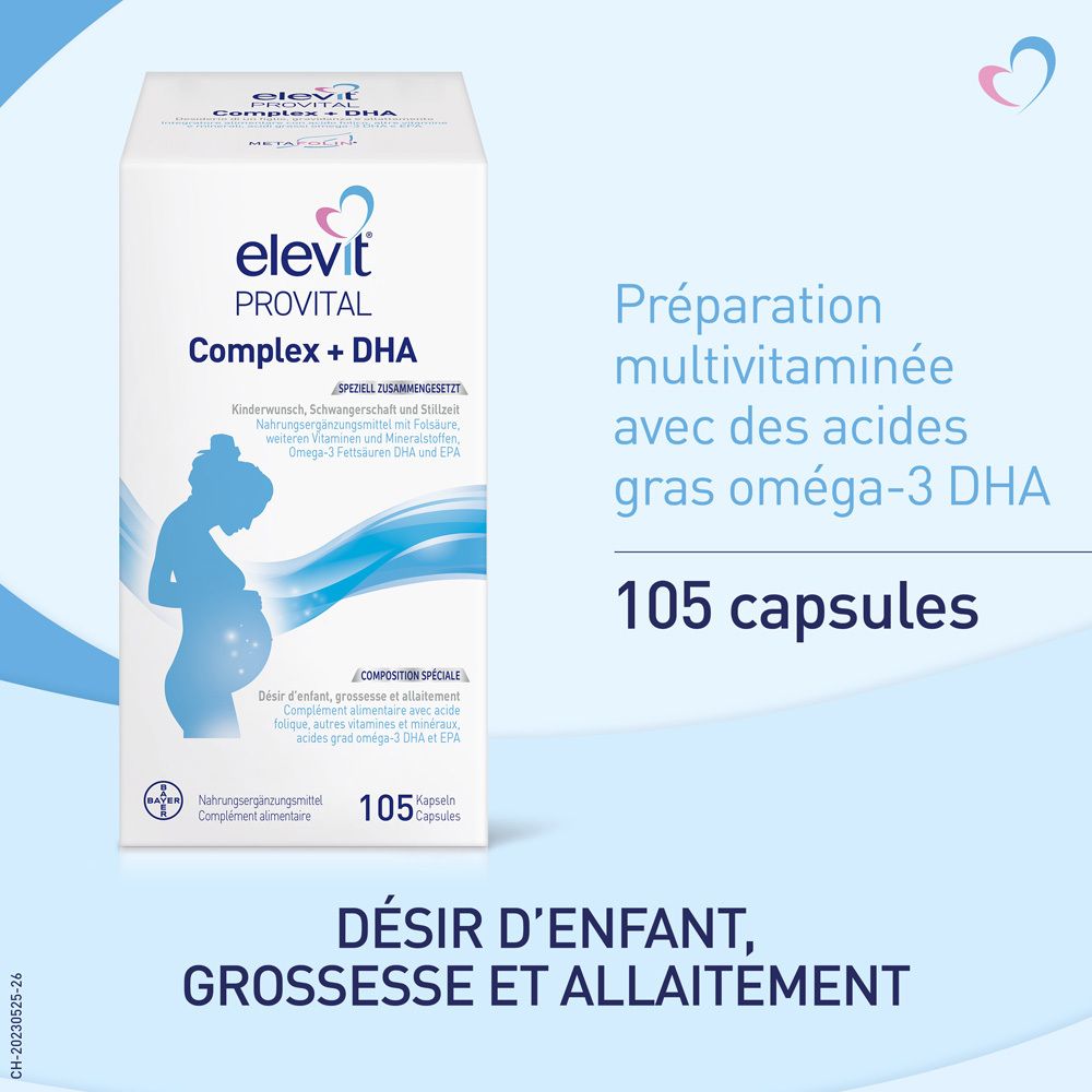 Boîte blanche elevit® Provital Complex+DHA. Contient 105 capsules. Texte: Désir d'enfant, grossesse et allaitement.