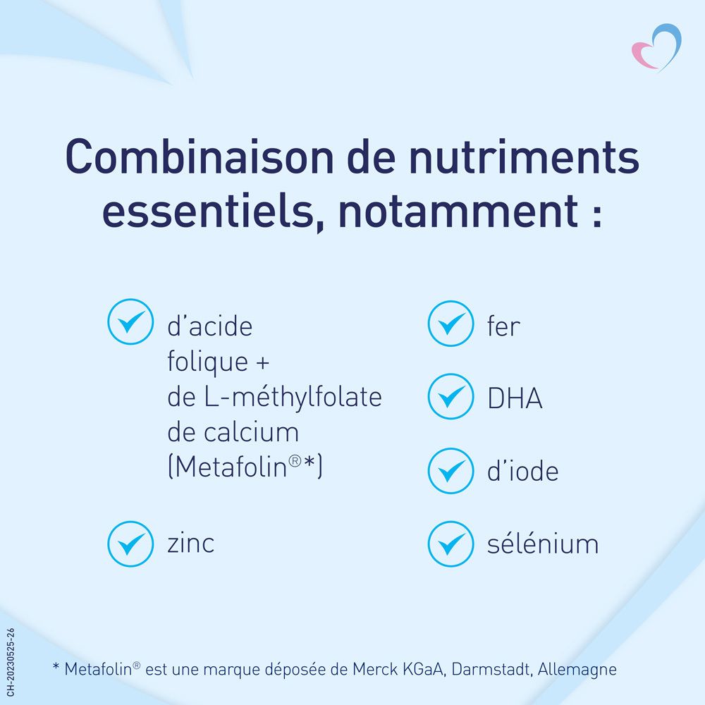 Liste de nutriments: acide folique, L-méthylfolate, calcium, zinc, fer, DHA, iode, sélénium.