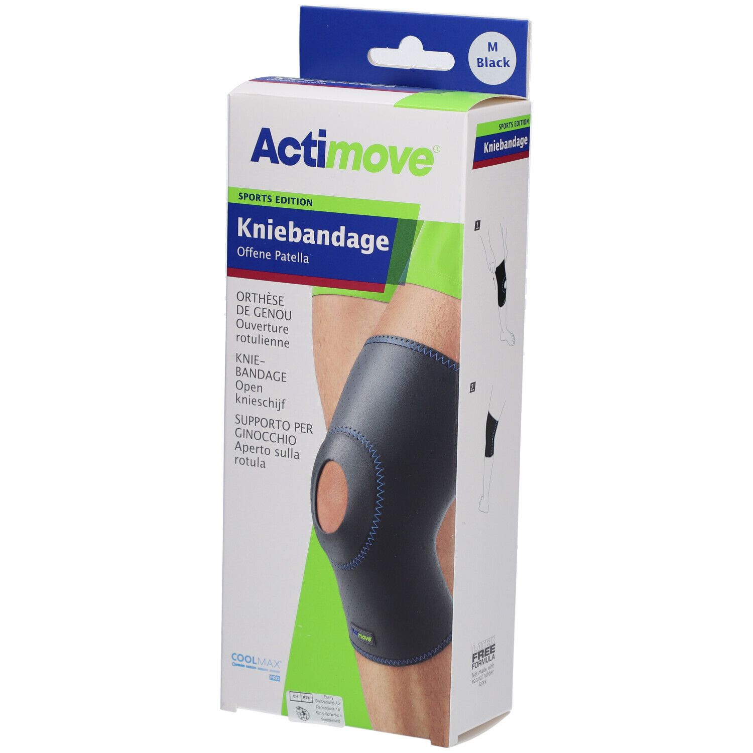 Verpackung der Actimove Sports Edition Kniebandage Gr. M. Schwarze Bandage mit Patella-Öffnung. Größe M, schwarz markiert.