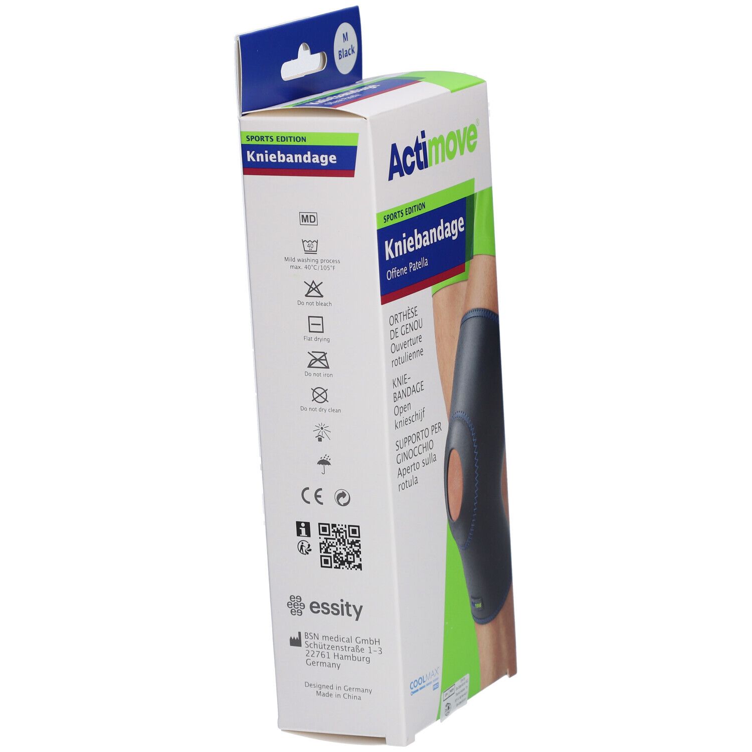 Verpackung der Actimove Kniebandage. Seitenansicht mit Waschsymbolen, CE-Kennzeichnung und QR-Code. Logo von essity.
