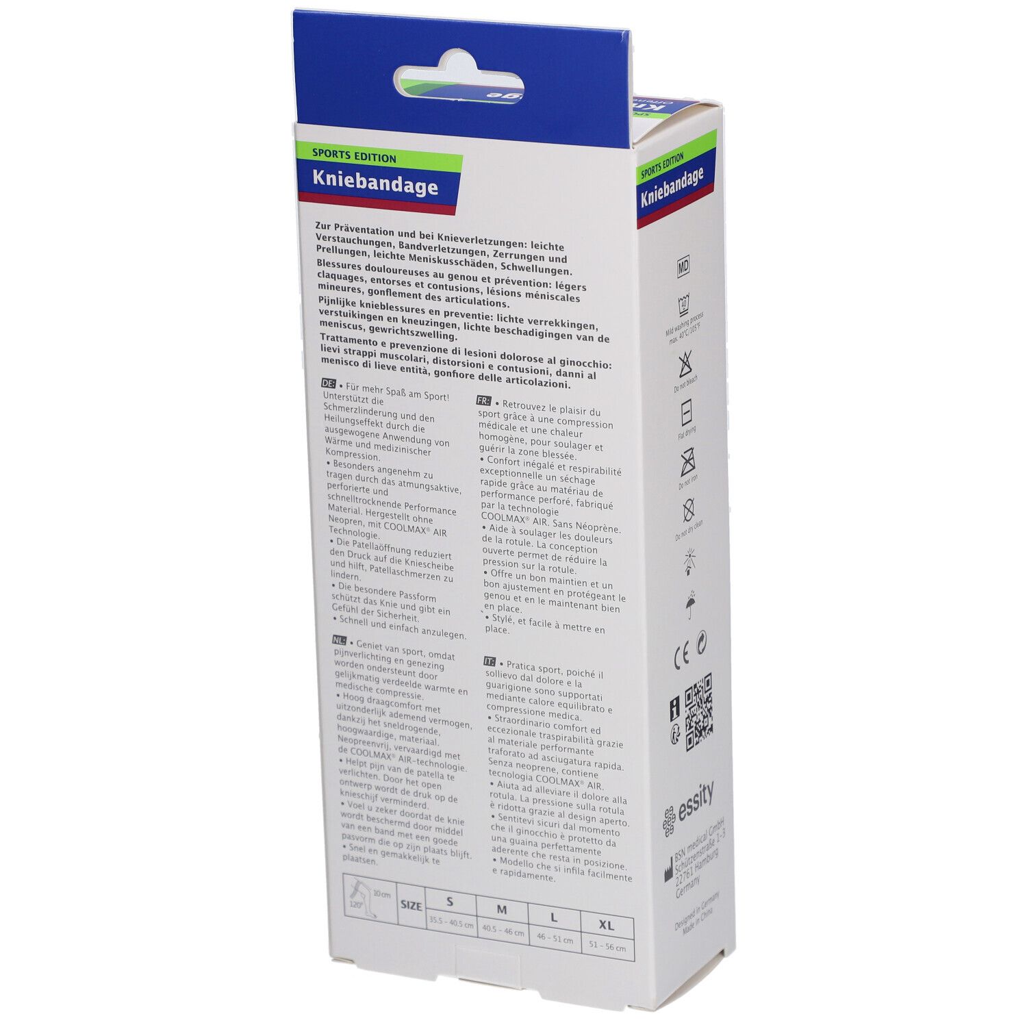 Rückseite der Actimove Kniebandage Verpackung. Text in mehreren Sprachen. Größenangaben S-XL.