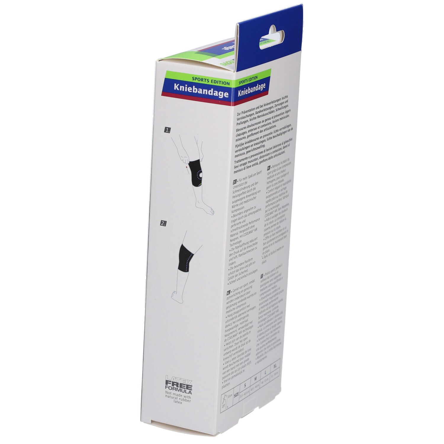 Verpackung der Actimove Kniebandage. Illustrationen zur Anwendung. Größenangaben S-XL.