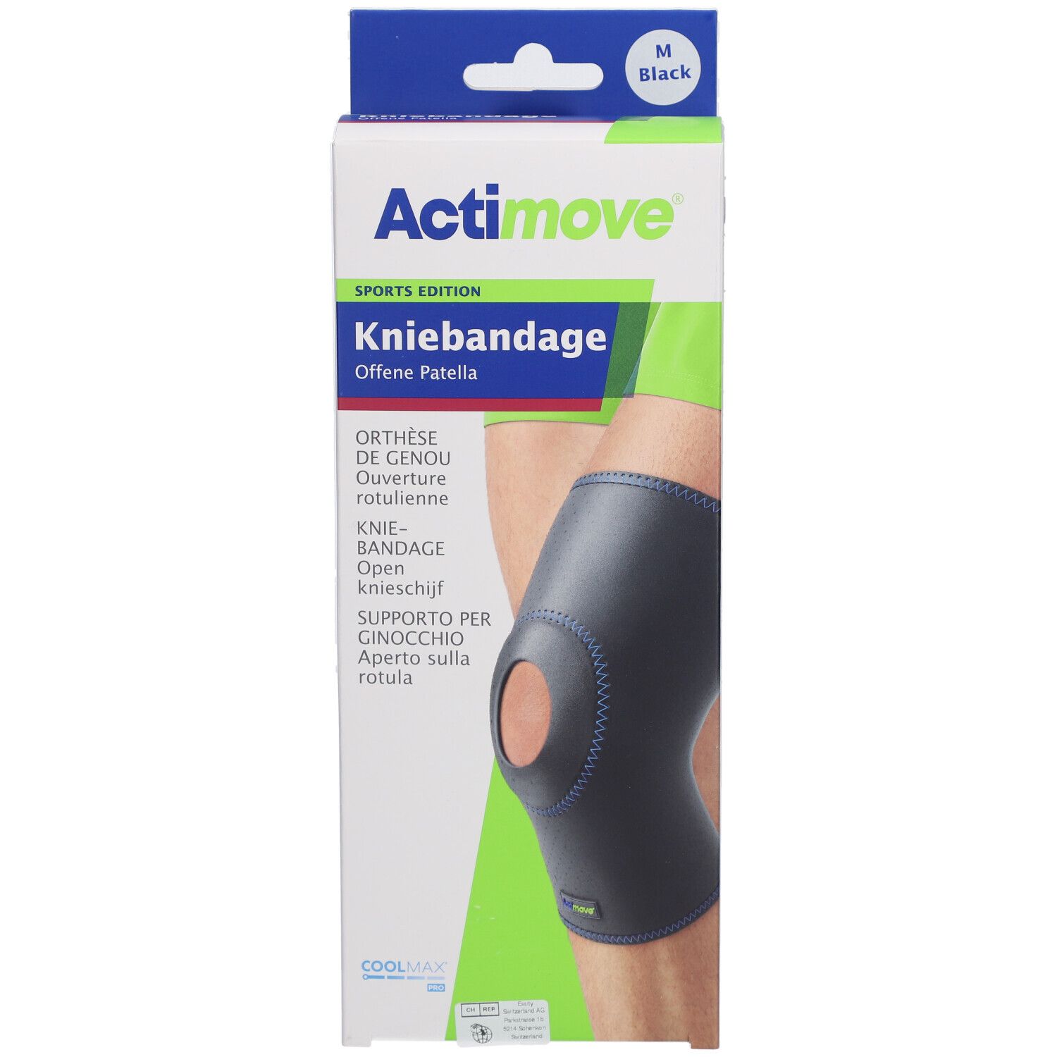 Actimove Sports Edition Kniebandage Gr. M in Verpackung. Schwarze Bandage mit Patella-Öffnung. Größe M, schwarz markiert.