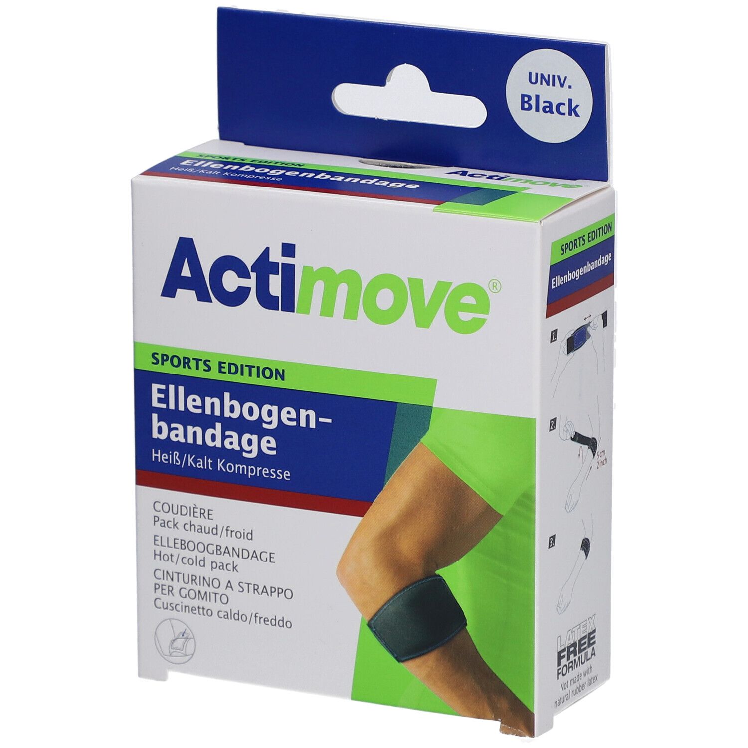 Verpackung der Actimove Ellenbogenbandage. Enthält Heiß-/Kaltkompresse. Schwarz, mit Größenangabe.