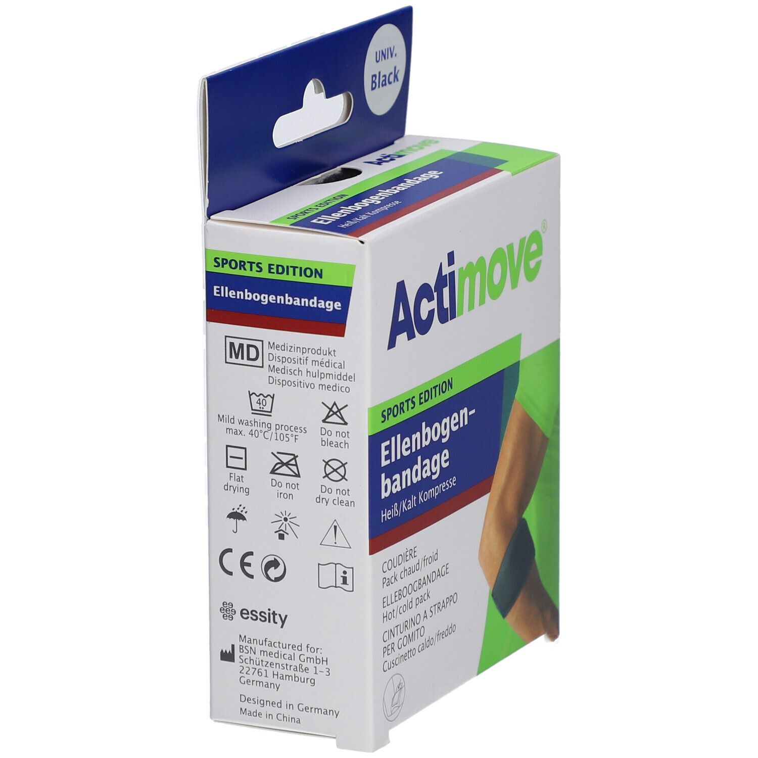 Verpackung der Actimove Ellenbogenbandage. Enthält Waschsymbole, CE-Kennzeichnung und Herstellerangaben.