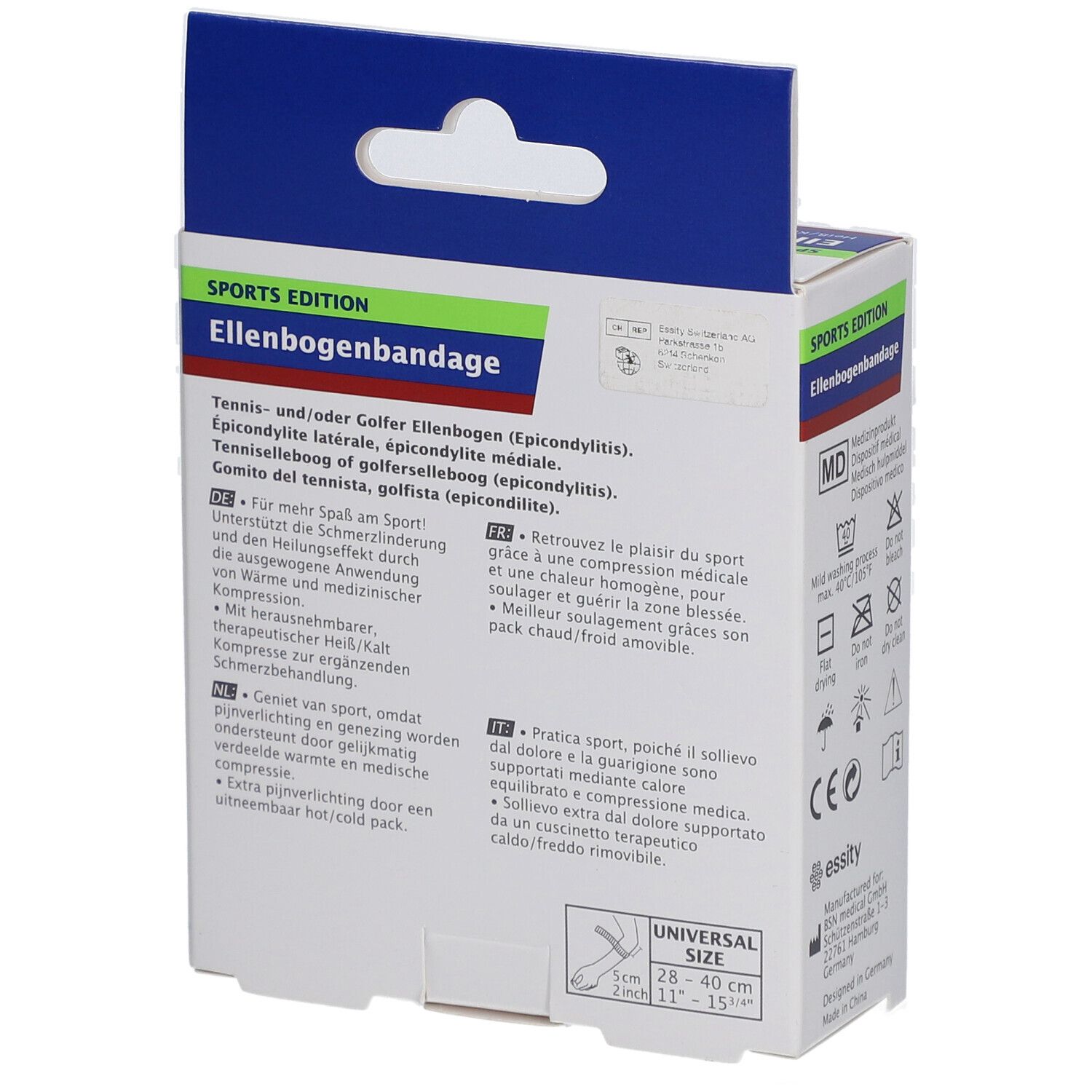 Rückseite der Actimove Ellenbogenbandage Verpackung. Text in mehreren Sprachen, Größenangabe.