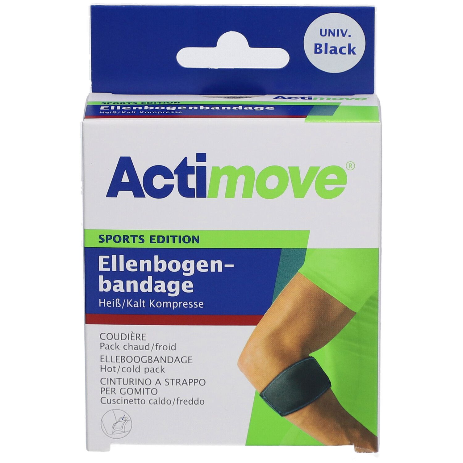 Actimove Ellenbogenbandage Verpackung. Heiß-/Kaltkompresse. Schwarze Bandage am Arm dargestellt.