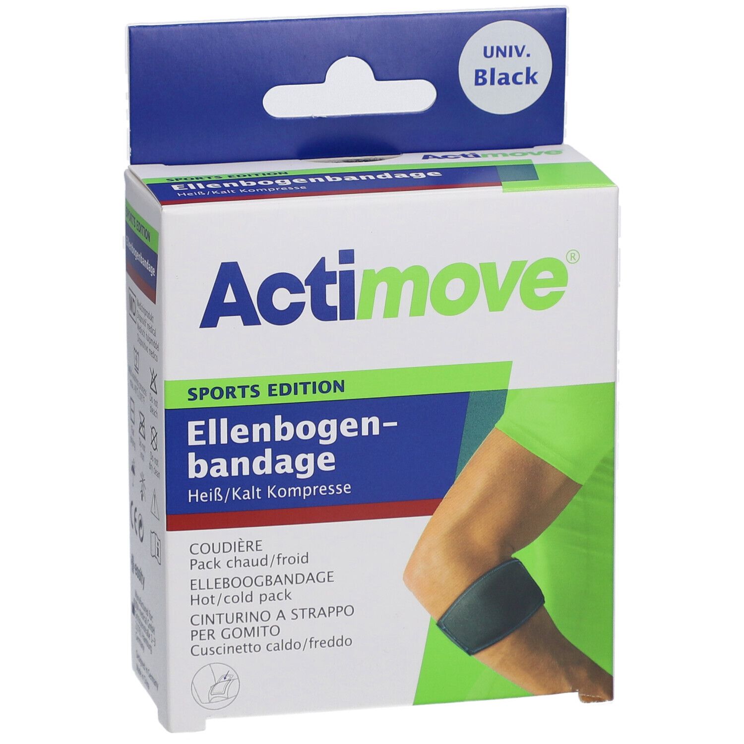 Actimove Ellenbogenbandage Verpackung. Heiß-/Kaltkompresse. Schwarze Bandage am Arm dargestellt.