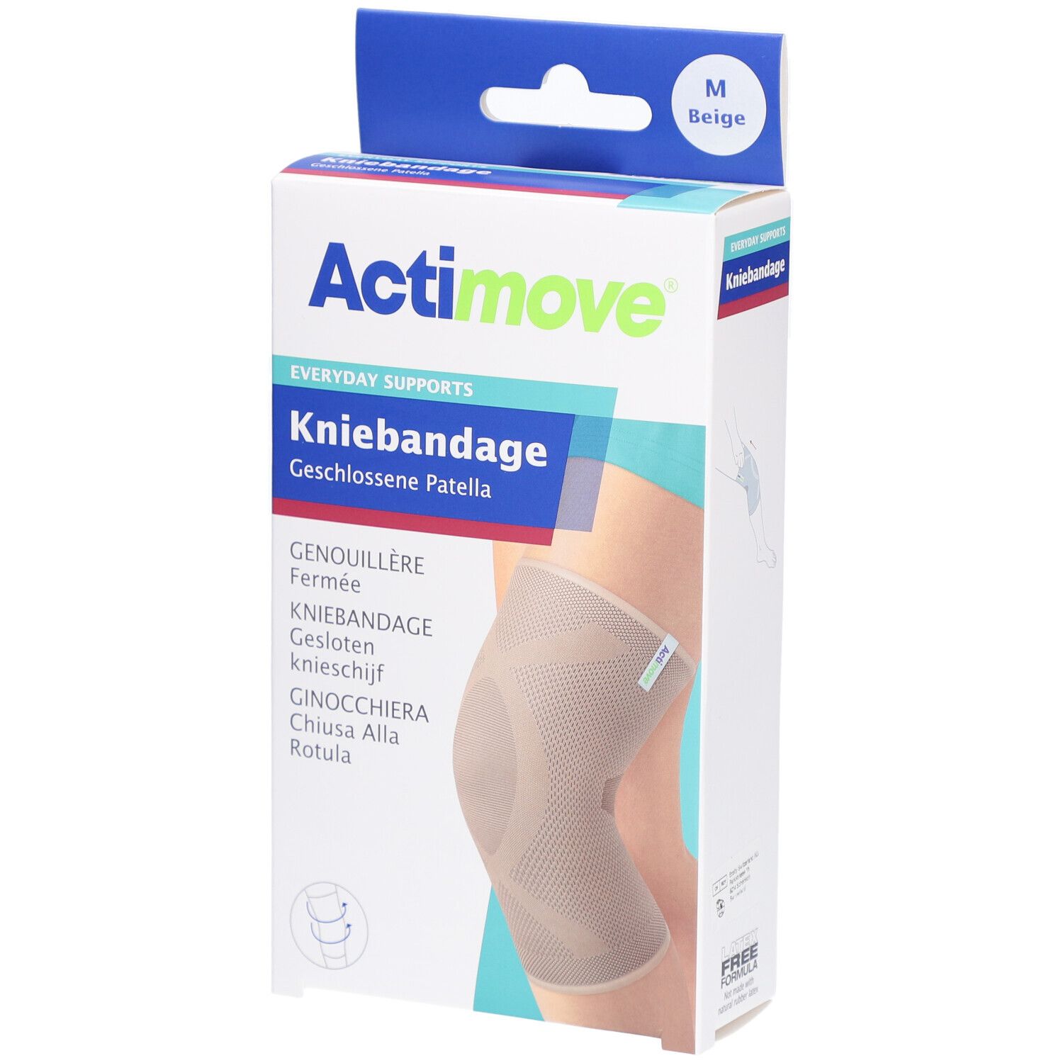 Actimove Kniebandage in Verpackung. Beige, Größe M. Aufdrucke: Actimove, Kniebandage, Genouillère, Kniebande, etc. Abbildung eines Knies.