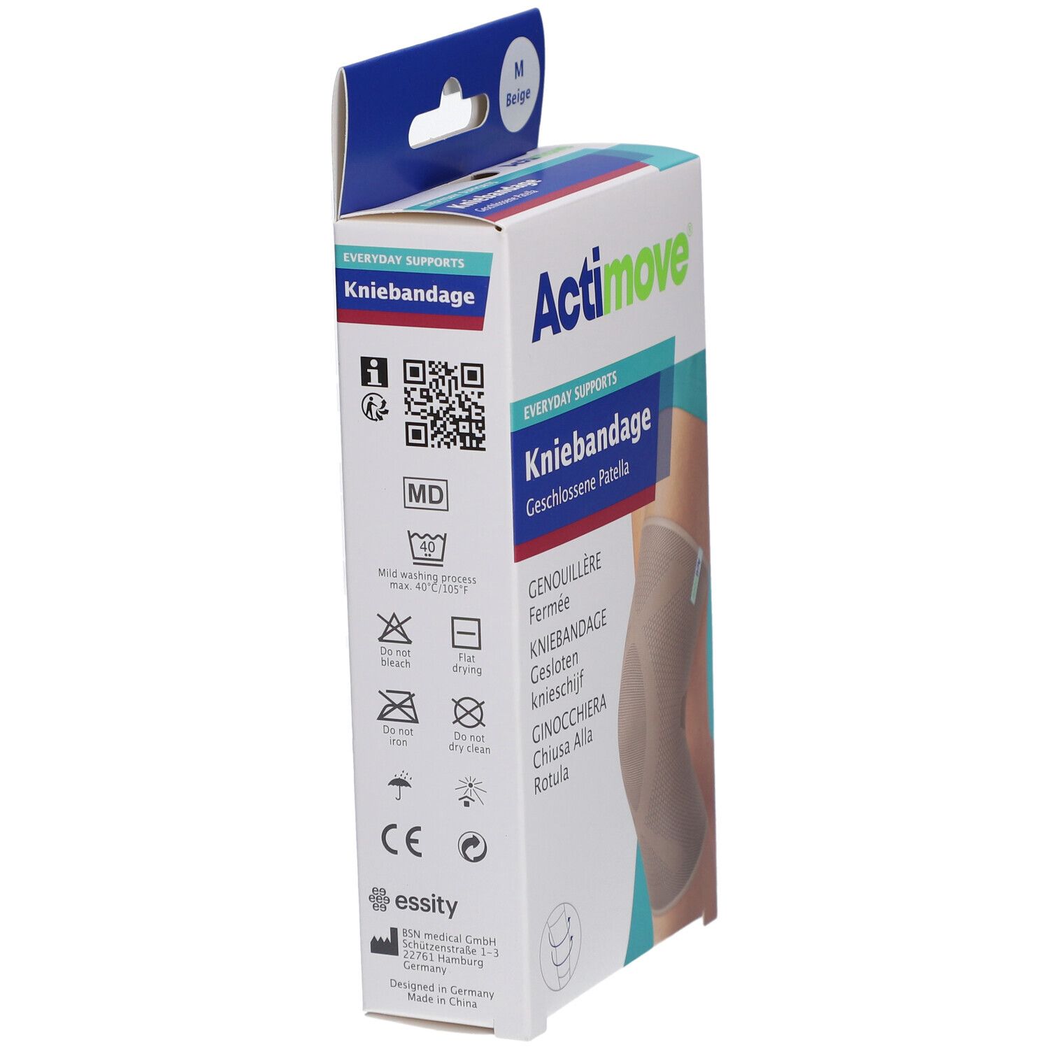 Verpackung der Actimove Kniebandage. Aufdrucke: Actimove, Kniebandage, Waschsymbole, CE-Zeichen, QR-Code. Seitenansicht.