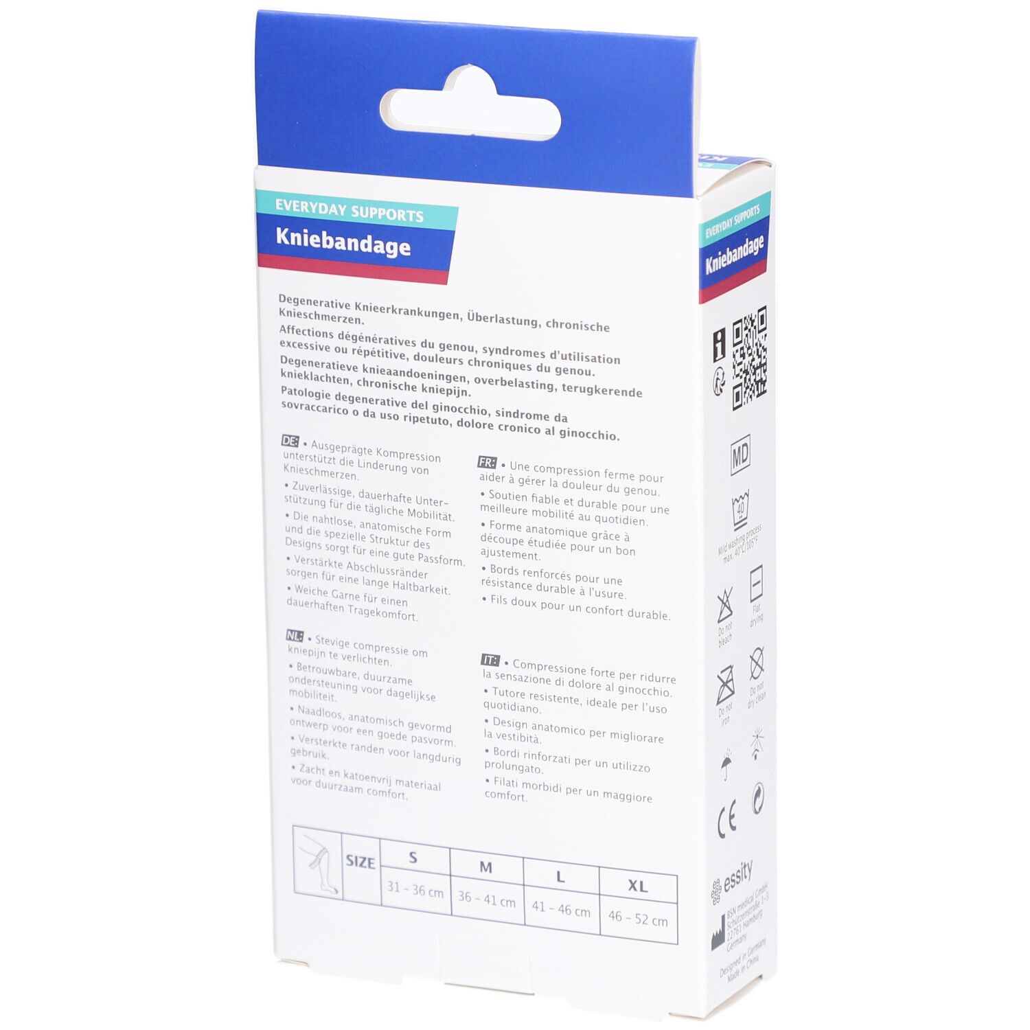 Rückseite der Actimove Kniebandage Verpackung. Text in mehreren Sprachen. Größenangaben: S, M, L, XL. Waschsymbole und CE-Zeichen.