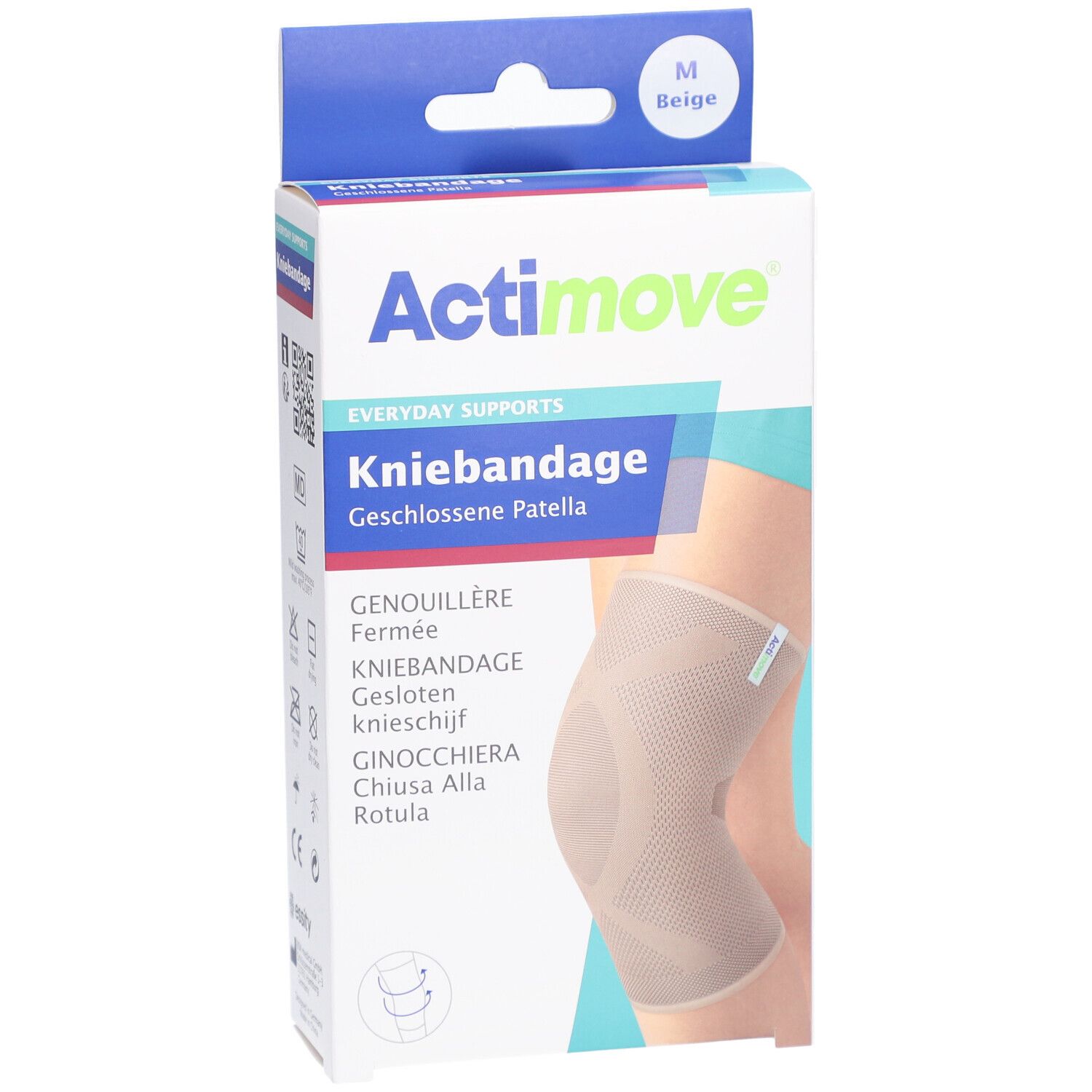 Actimove Kniebandage in Verpackung. Beige, Größe M. Aufdrucke: Actimove, Kniebandage, Genouillère, Kniebande, etc. Abbildung eines Knies.