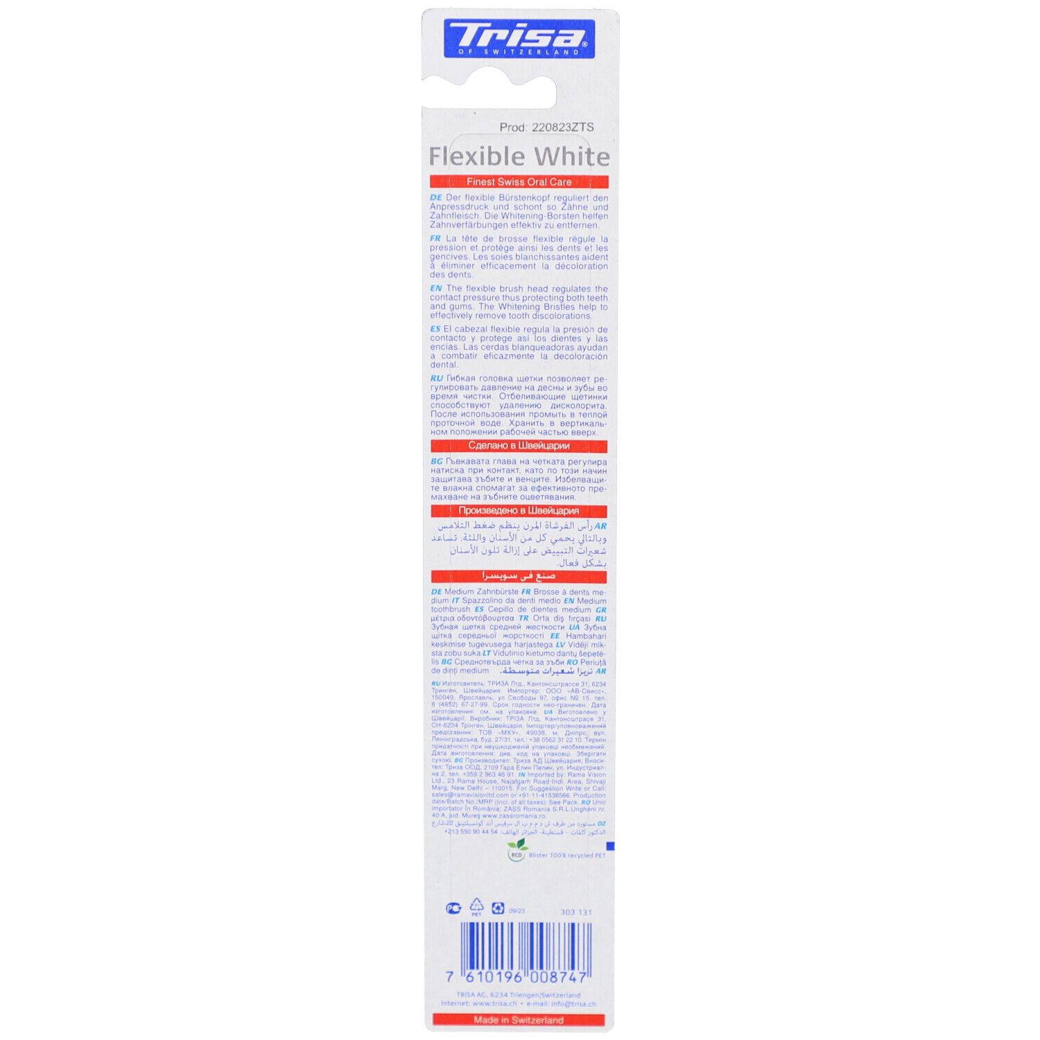 Rückseite der Verpackung mit Produktinformationen. Text in mehreren Sprachen. Barcode und Logo.