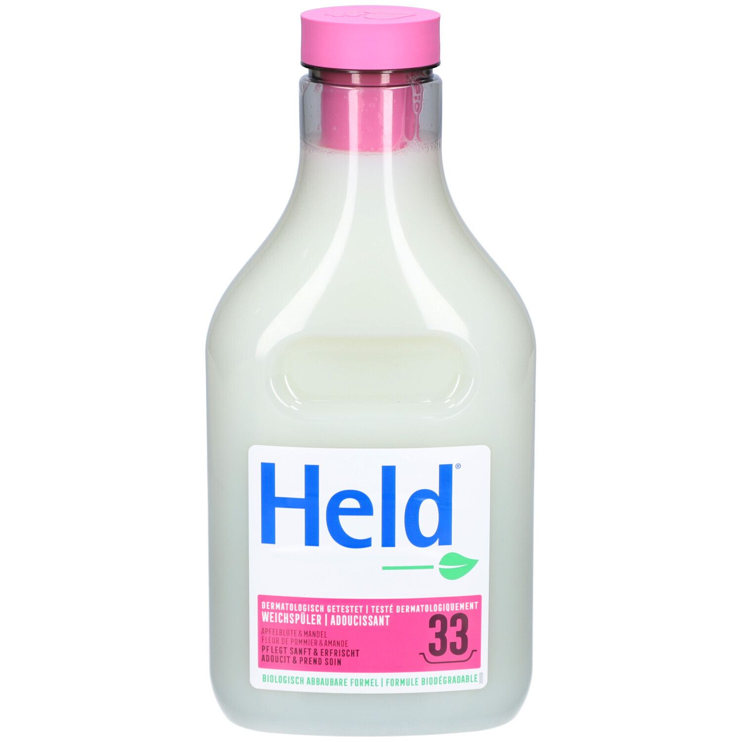Weichspüler-Flasche mit rosa Deckel. Weißes Etikett mit "Held"-Logo und grüner Blatt-Grafik. 33 Waschladungen.