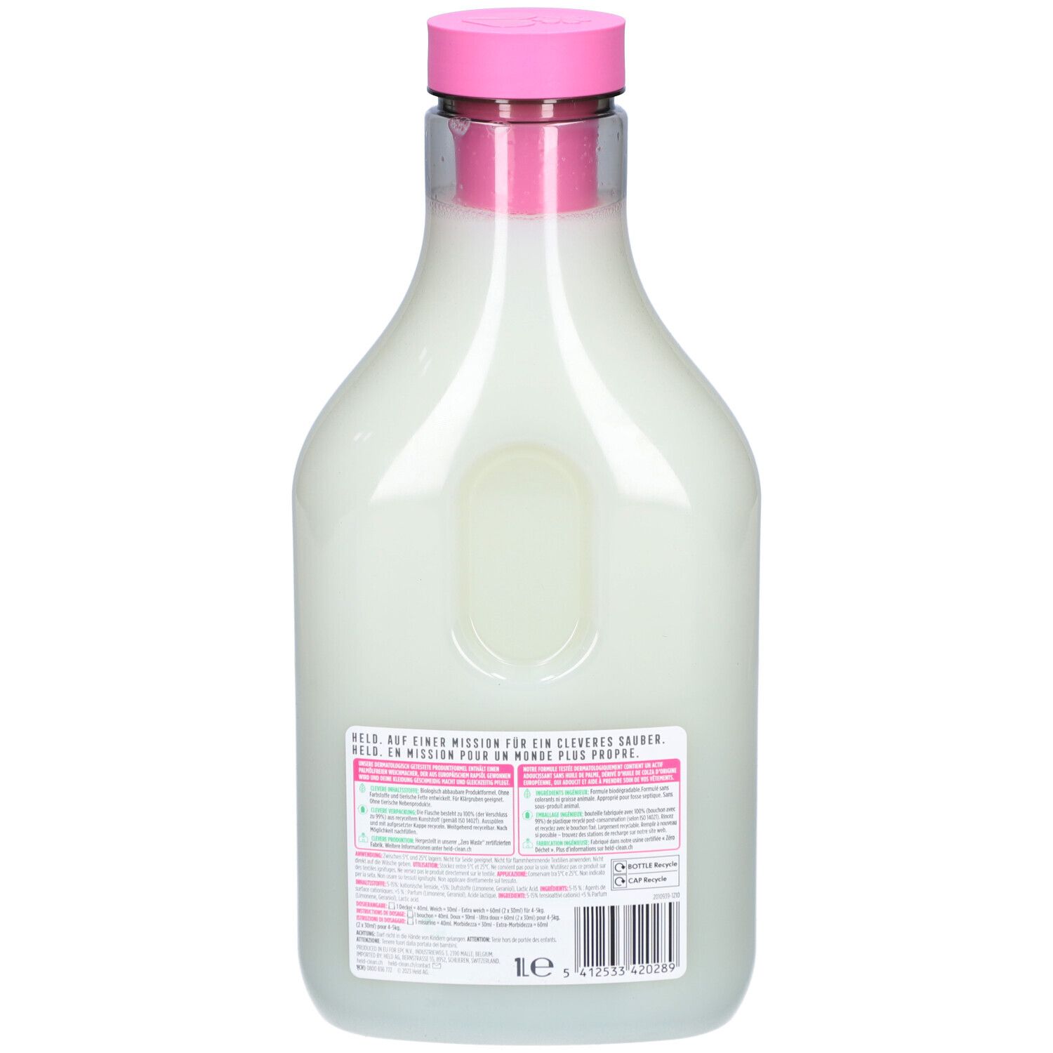 Rückseite der Weichspüler-Flasche. Rosa Deckel. Etikett mit Text und Barcode. Volumen: 1 Liter.
