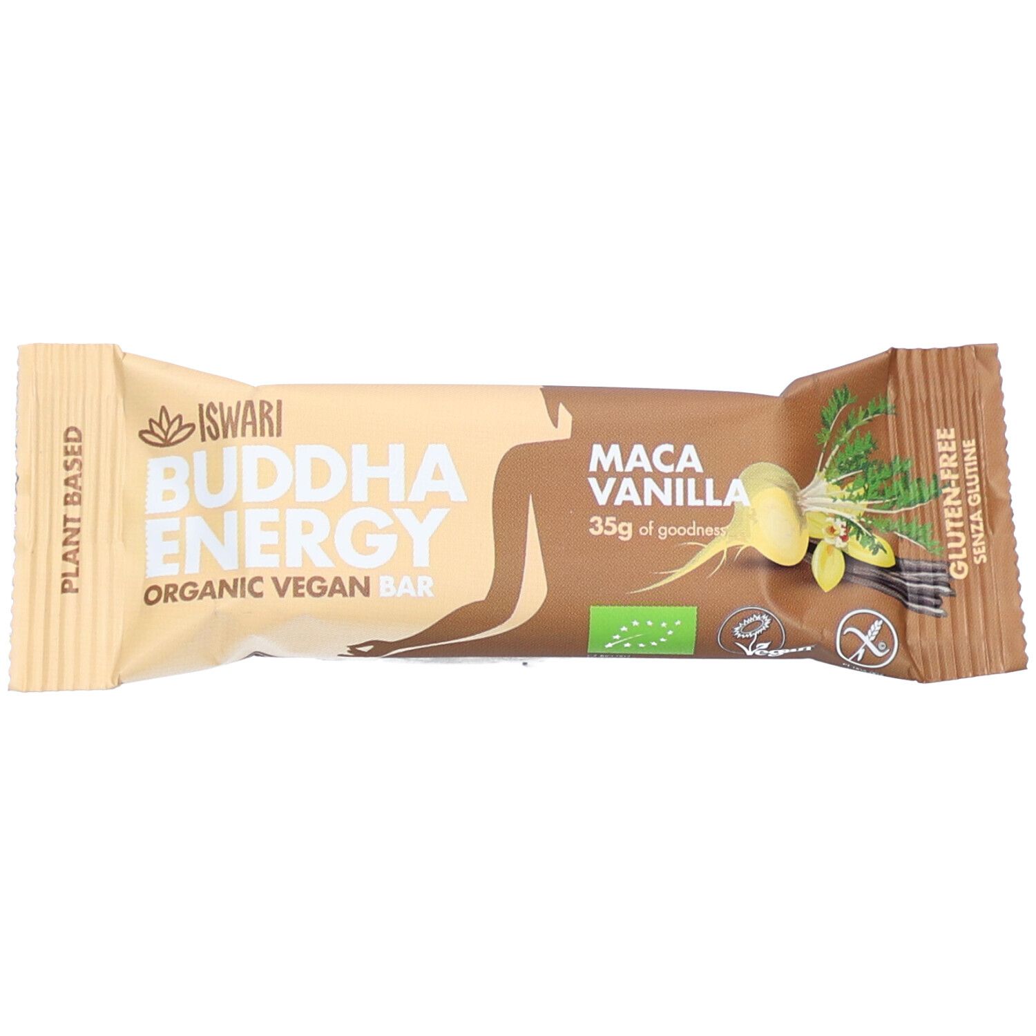 Emballage de barre avec nom du produit et ingrédients. Label bio et sans gluten. Couleurs beige et marron.