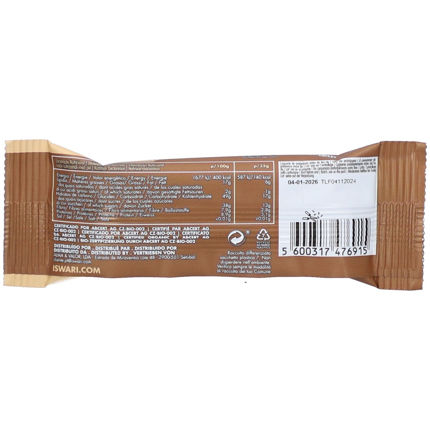 Dos de l'emballage de la barre avec informations nutritionnelles, code-barres et date de péremption. Couleur marron.