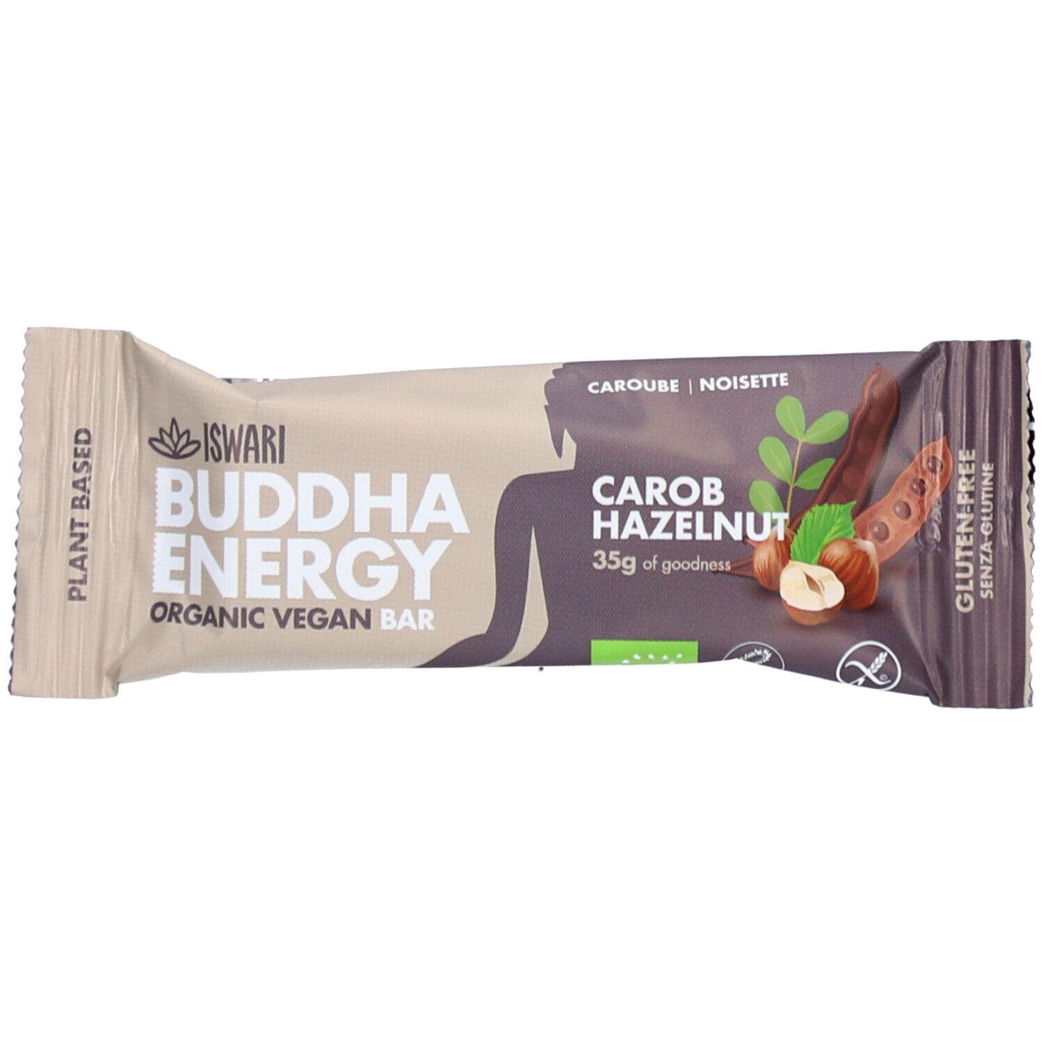 Verpackte Energie-Riegel. Aufschrift: Buddha Energy, Carob Hazelnut, glutenfrei. Logo: Iswari.
