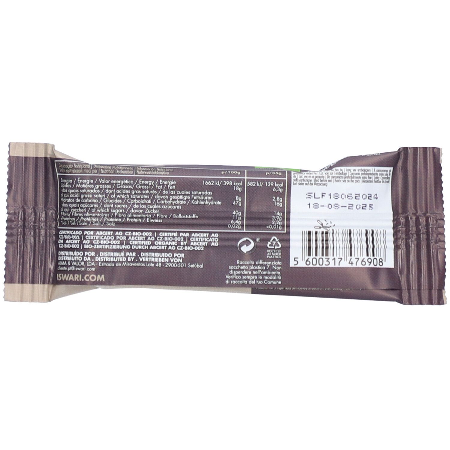 Rückseite der Energie-Riegel-Verpackung. Enthält Nährwertangaben, Barcode und Logo von Iswari.