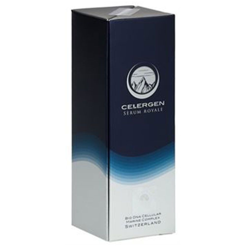 Celergen Royale Serum Royale Faltschachtel mit Bergmotiv und Wellenmuster.