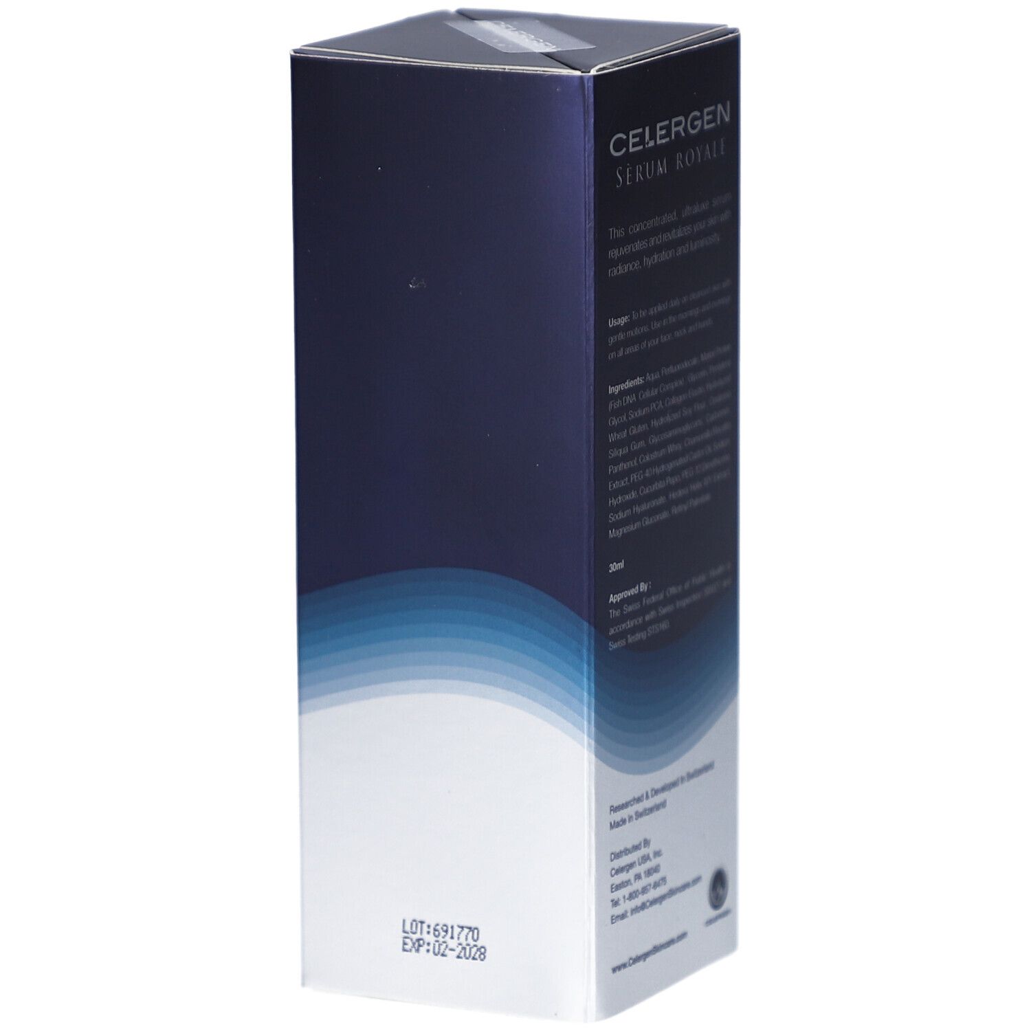 Boîte bleue et blanche. Texte: CELERGEN Serum Royale. Ingrédients et fabricant. Numéro de lot et date d'expiration.