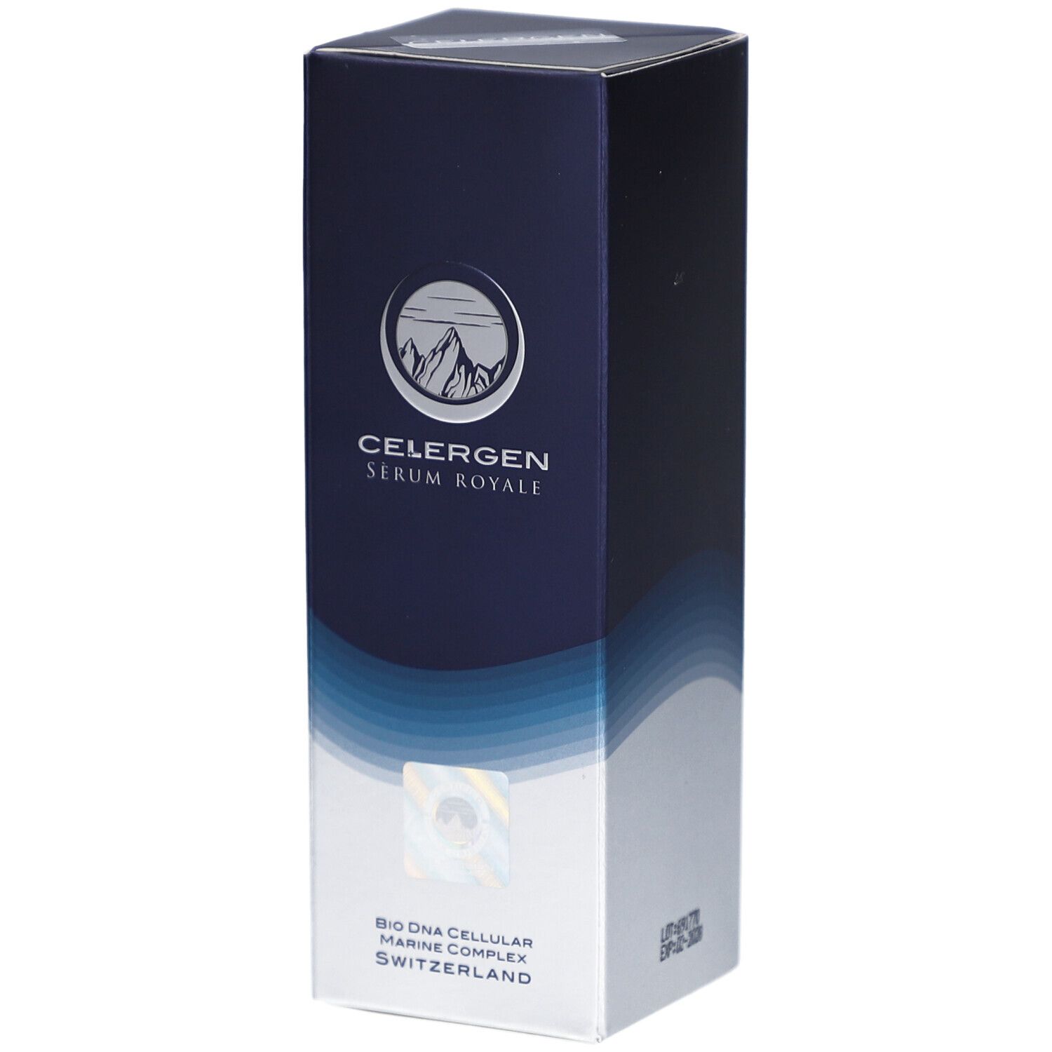 Boîte bleue et blanche. Logo montagne. Texte: CELERGEN Serum Royale. Bio DNA Cellular Marine Complex. Suisse.
