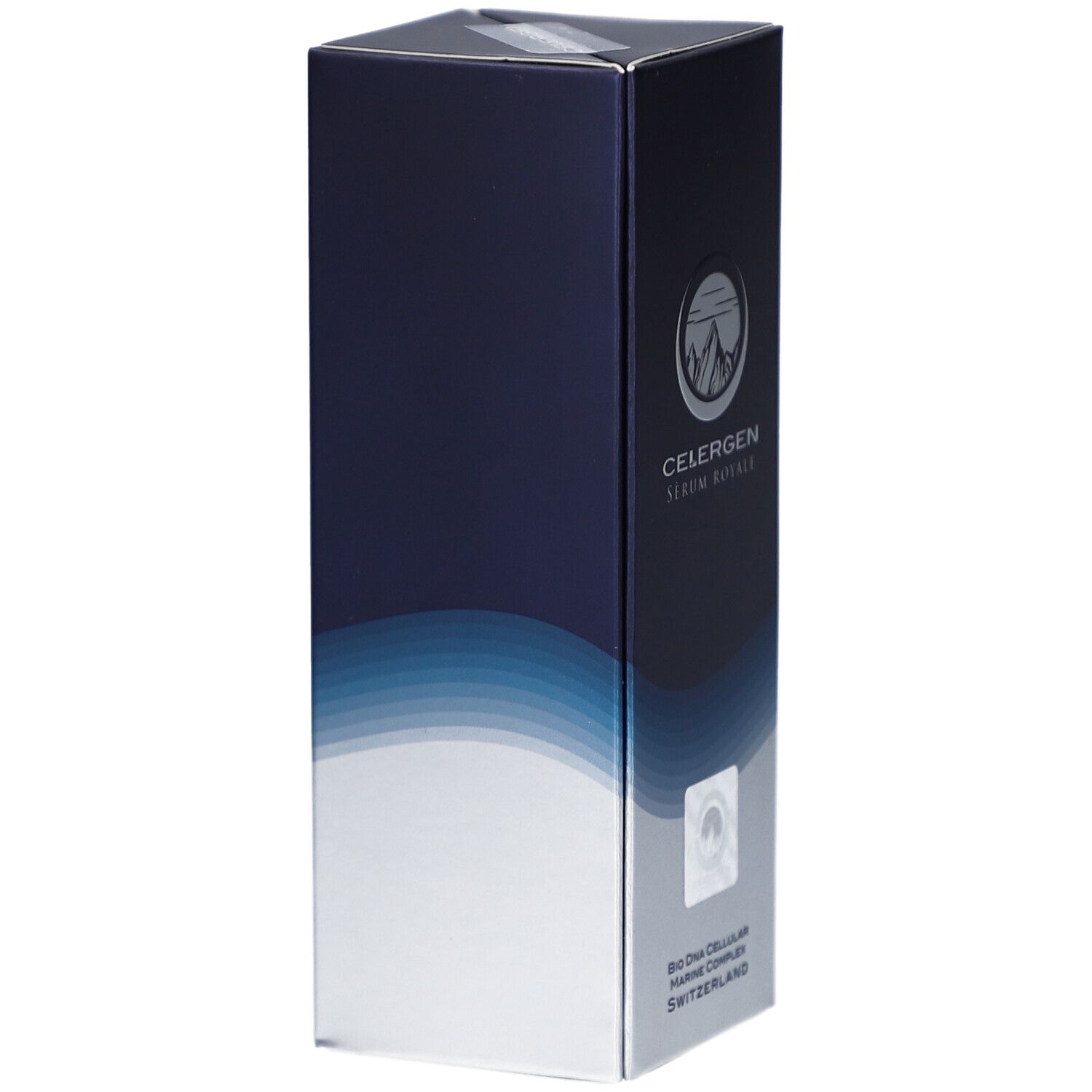 Boîte bleue et blanche. Logo montagne. Texte: CELERGEN Serum Royale. Bio DNA Cellular Marine Complex. Suisse.