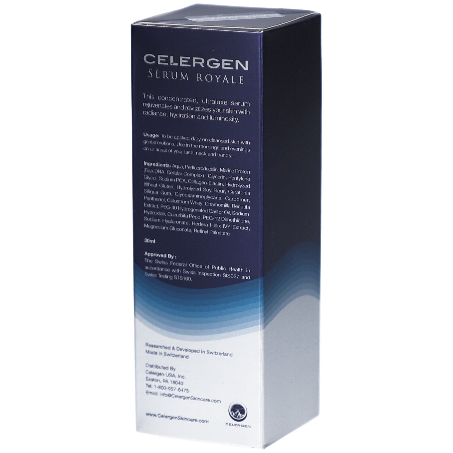 Boîte bleue et blanche. Texte: CELERGEN Serum Royale. Ingrédients, instructions d'utilisation, informations fabricant.