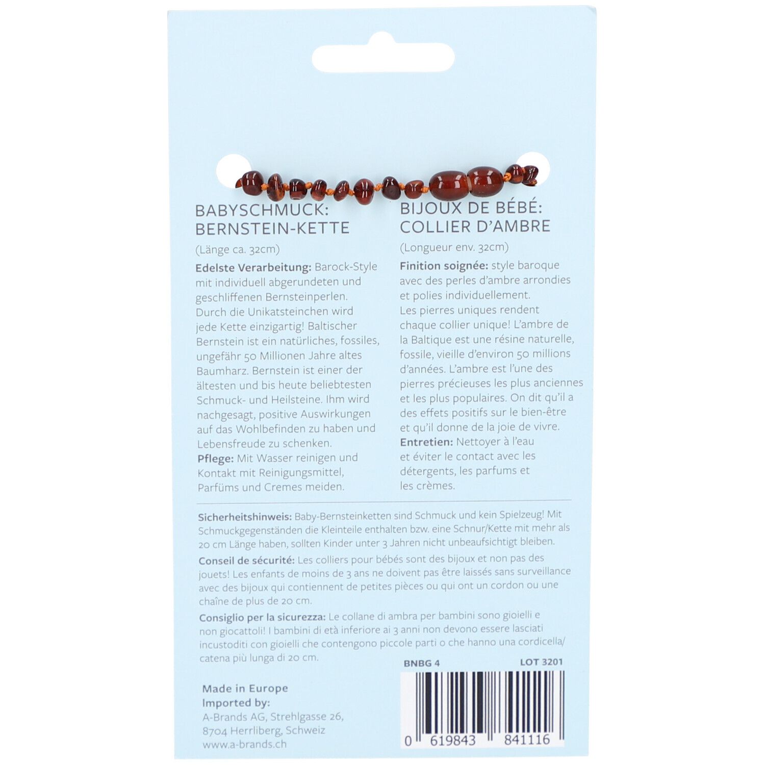 Dos de l'emballage. Texte: Bijoux de bébé. Description du collier en ambre. Texte: AMBEROS. Code-barres et origine.