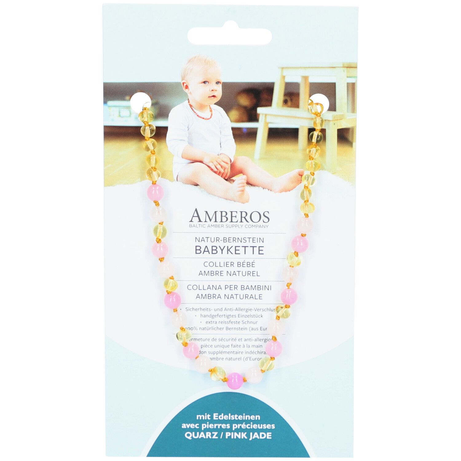 Collier bébé en pierres précieuses roses et jaunes. Emballage avec nom du produit et photo de bébé.